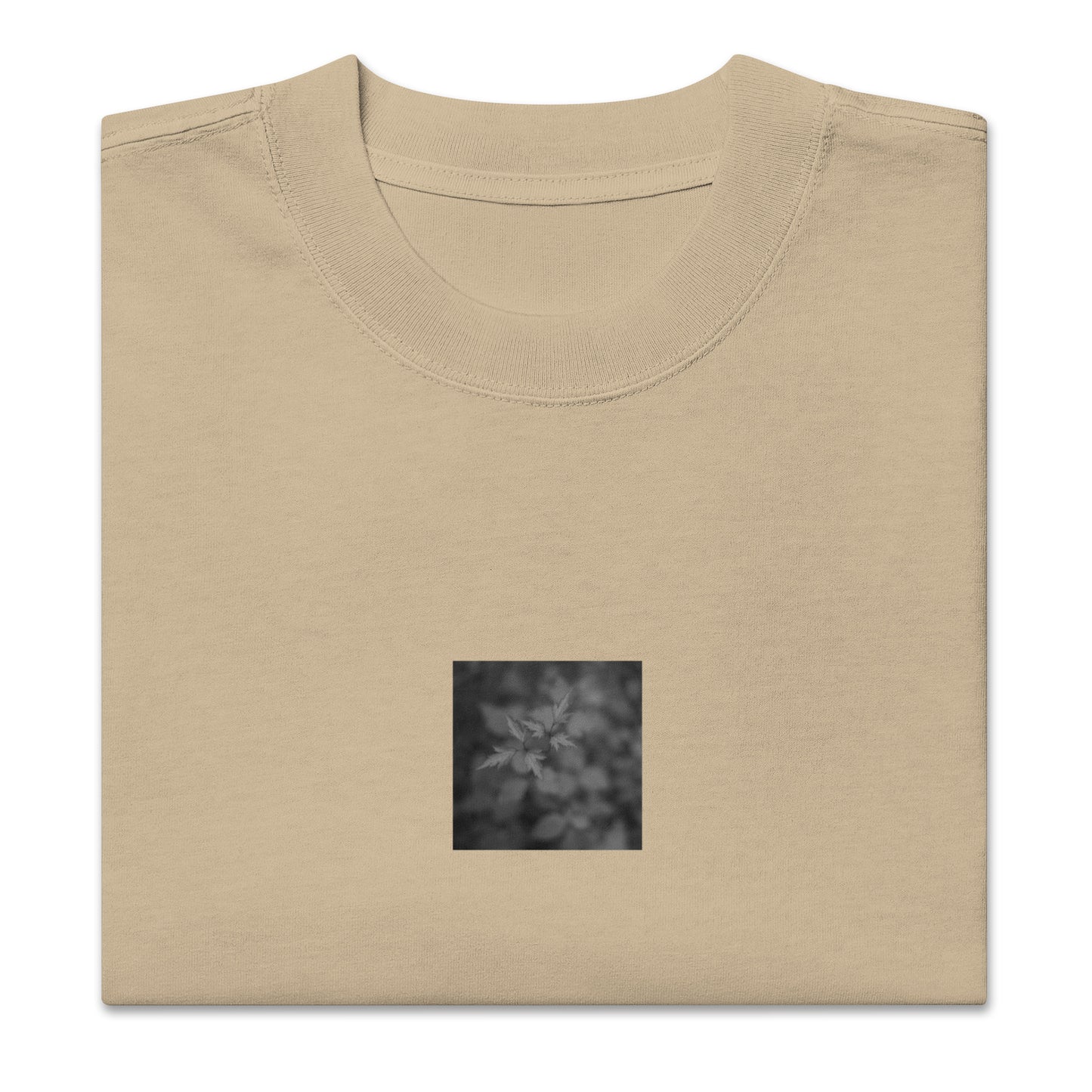 Oversized Faded T-Shirt in Faded Khaki – Botanical Plant B&W Art, Relaxed Fit

