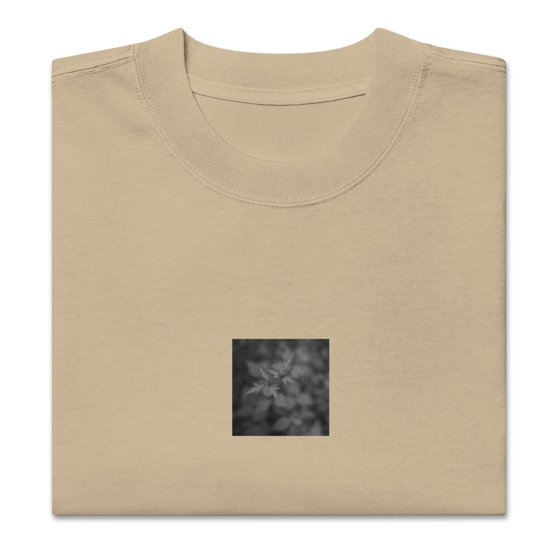 Oversized Faded T-Shirt in Faded Khaki – Botanical Plant B&W Art, Relaxed Fit
