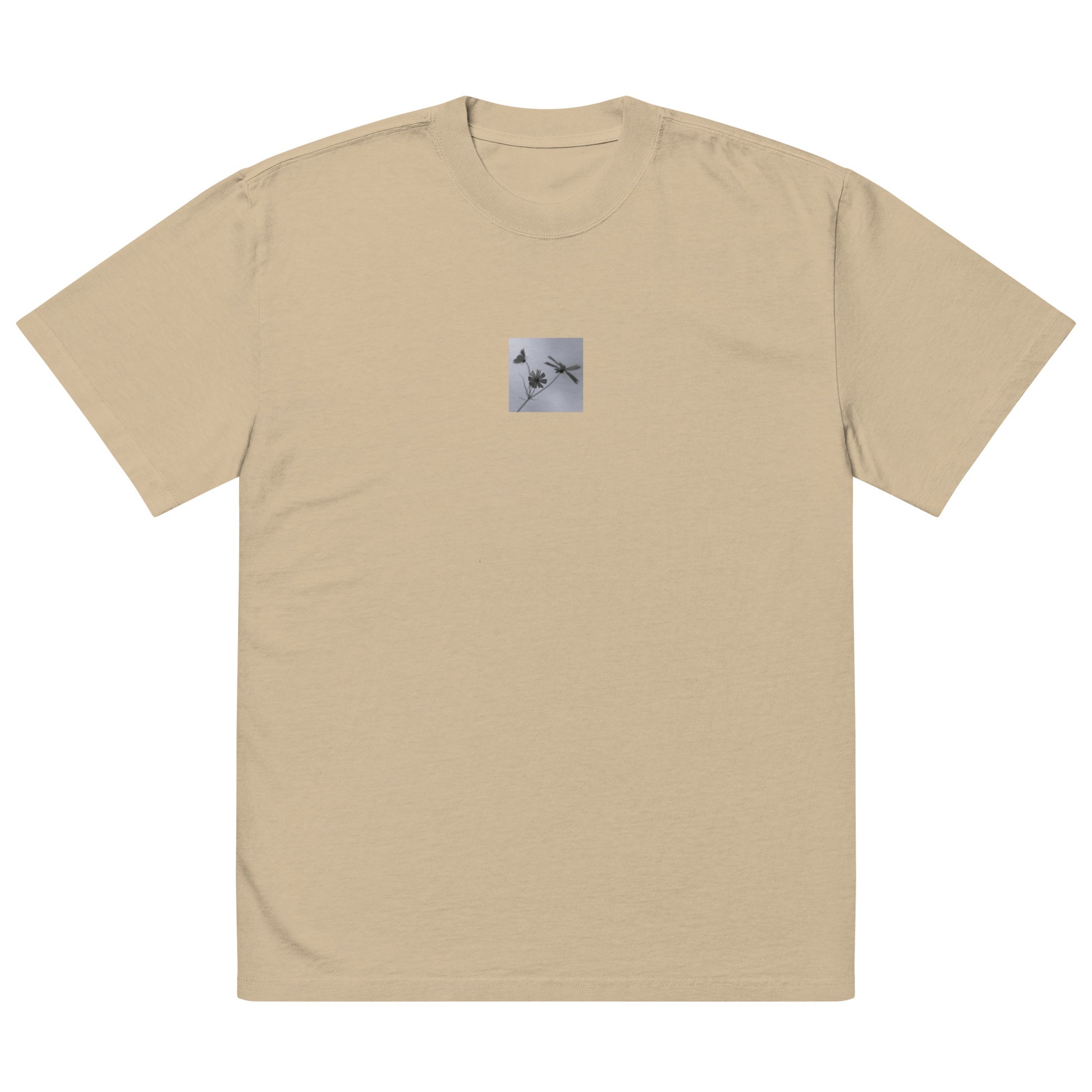 Three Cosmos Flowers Botanical B&W Art – Oversized Faded T-Shirt, Faded Khaki, Front View