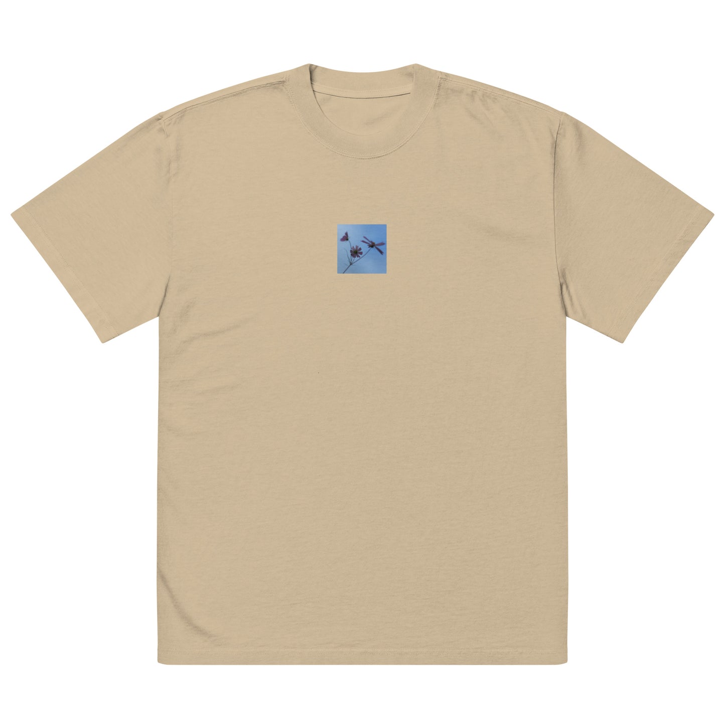 Three Cosmos Flowers Botanical Art – Oversized Faded T-Shirt, Faded Khaki, Front View