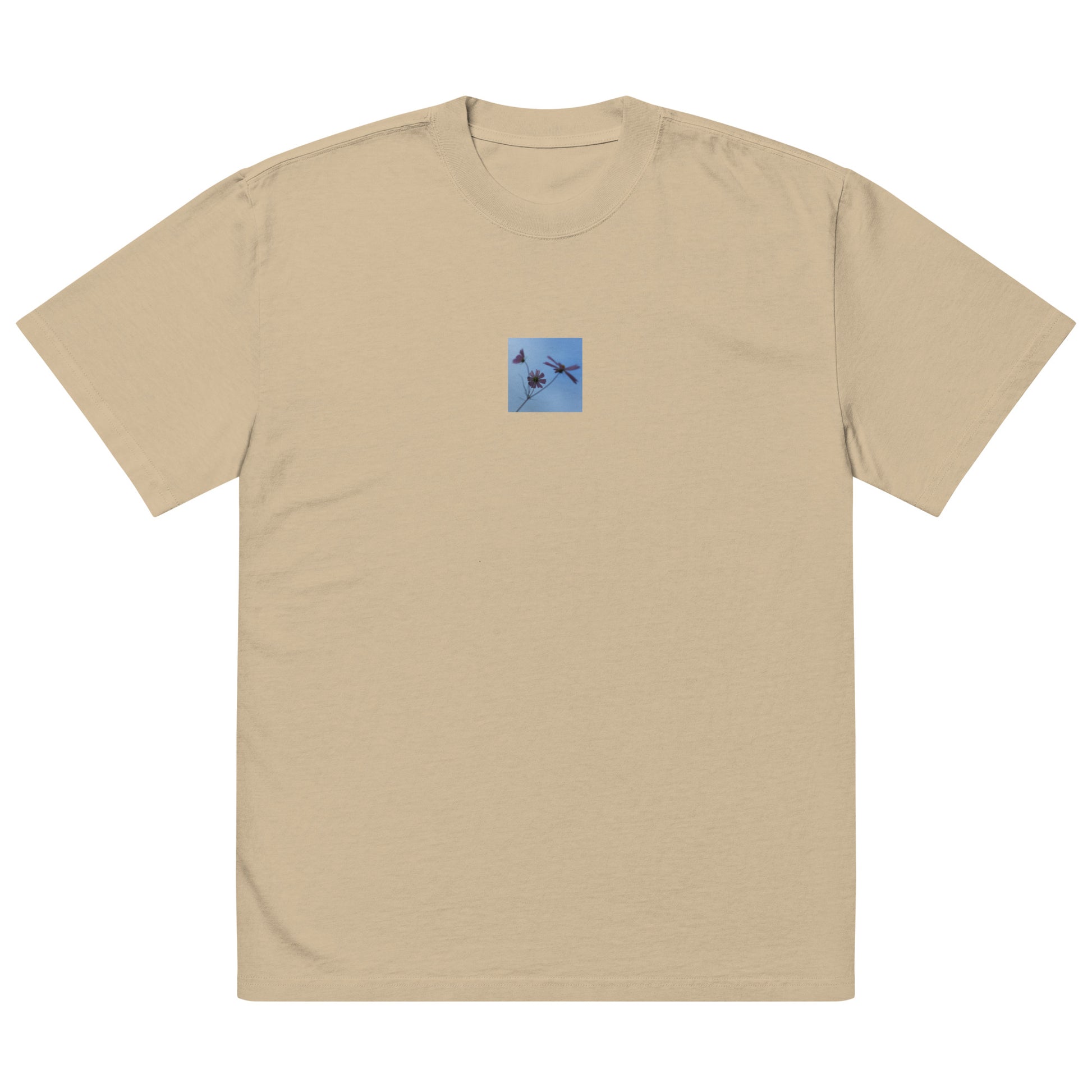 Three Cosmos Flowers Botanical Art – Oversized Faded T-Shirt, Faded Khaki, Front View