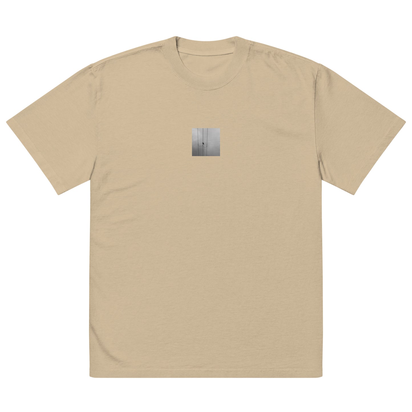 Crow and Power Lines B&W Art – Oversized Faded T-Shirt, Faded Khaki, Front View