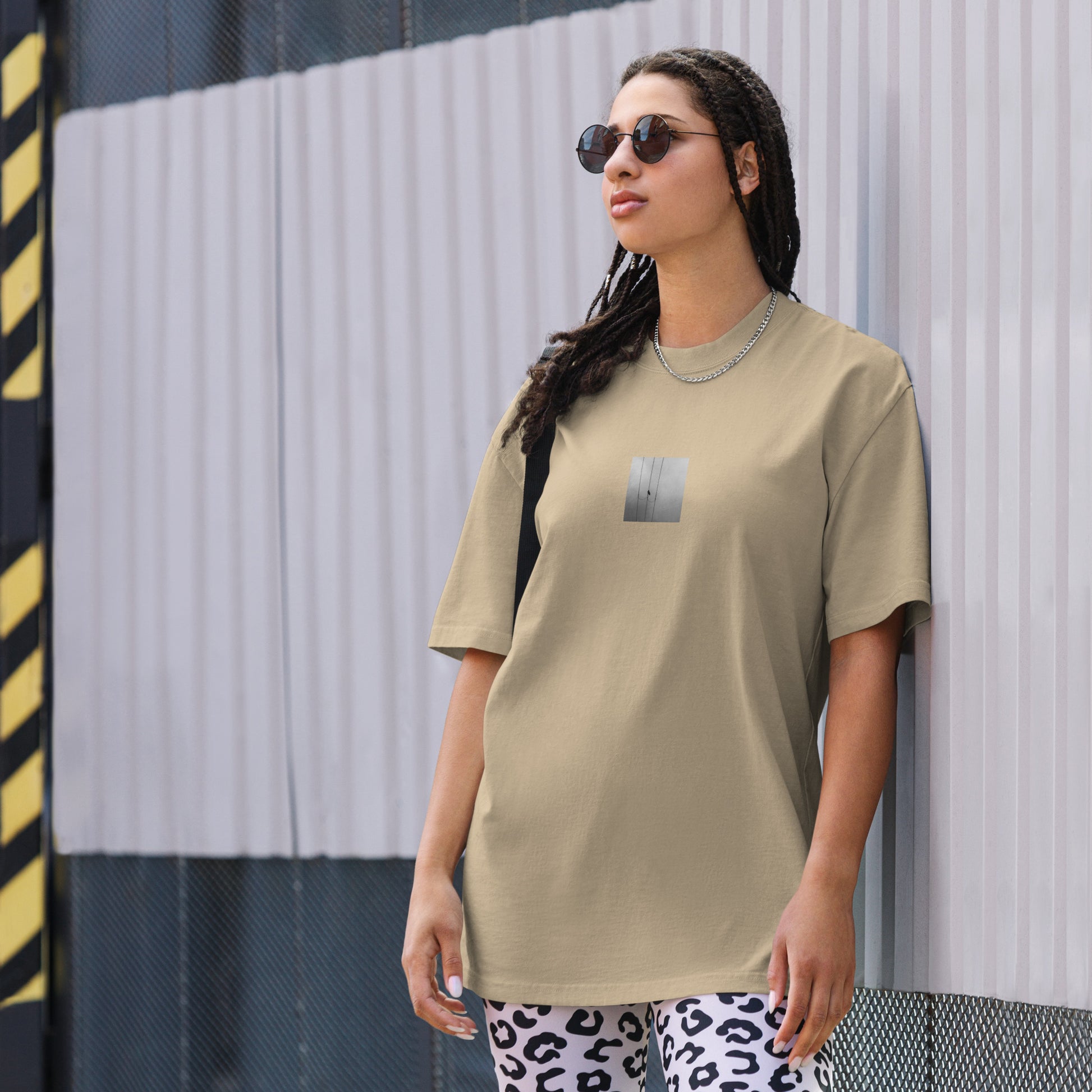 Crow and Power Lines B&W Art – Oversized Faded T-Shirt, Faded Khaki, Front View