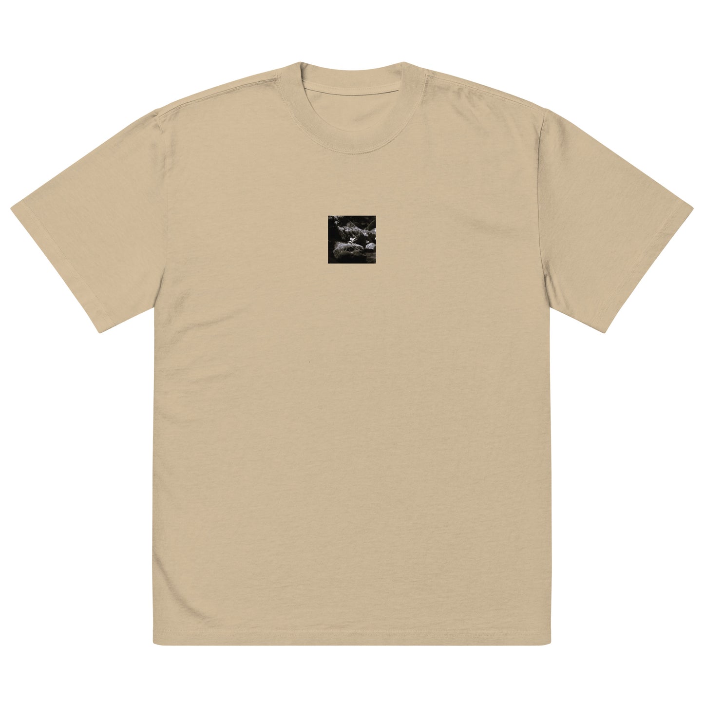 Plant on a Rock (B&W) Art – Oversized Faded T-Shirt, Faded Khaki, Front View