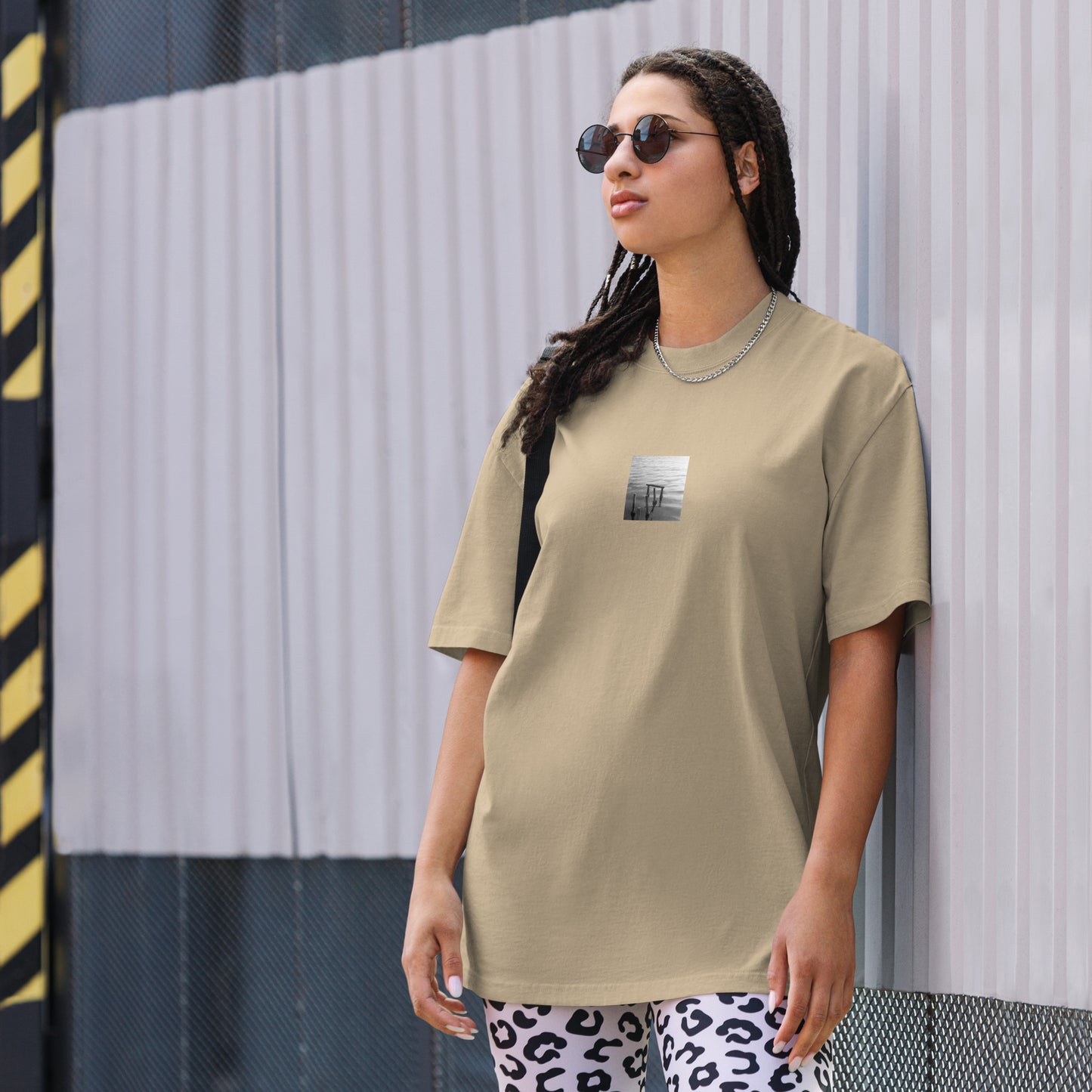 Decayed Pier (B&W) - Oversized Faded T-Shirt, Faded Khaki, Front View