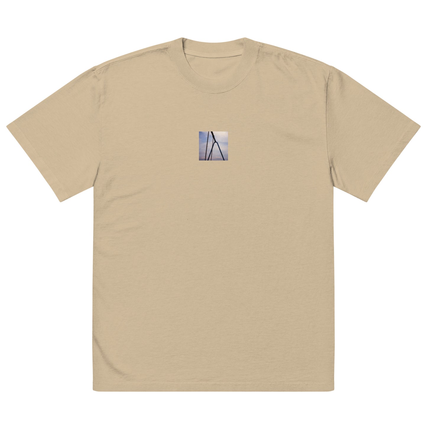 【Faded Khaki】
Minimalist mode street style oversized faded khaki long sleeve t-shirt with a playground swing photo print on the front / モードストリート系オーバーサイズ長袖Tシャツ（フェードカーキ）、フロントに公園のブランコの写真プリント