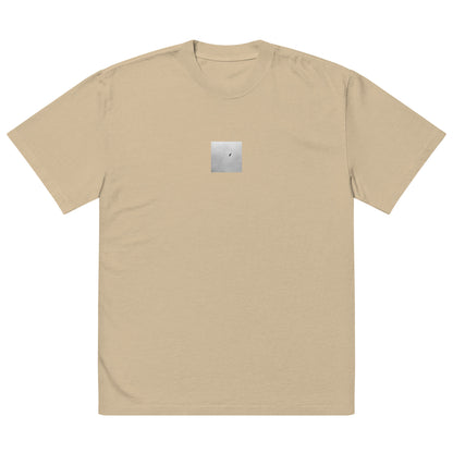 Minimalist streetwear style unisex oversized faded T-shirt in washed khaki, featuring a 'Bird and Sky (B&W)' photograph print. / Bird and Sky (B&W) オーバーサイズ・フェードTシャツ（フェードカーキ）：落ち着いたカーキの風合いと鳥と空のモノクロ写真のコントラストが魅力の、モダンなモードストリート系Tシャツ。