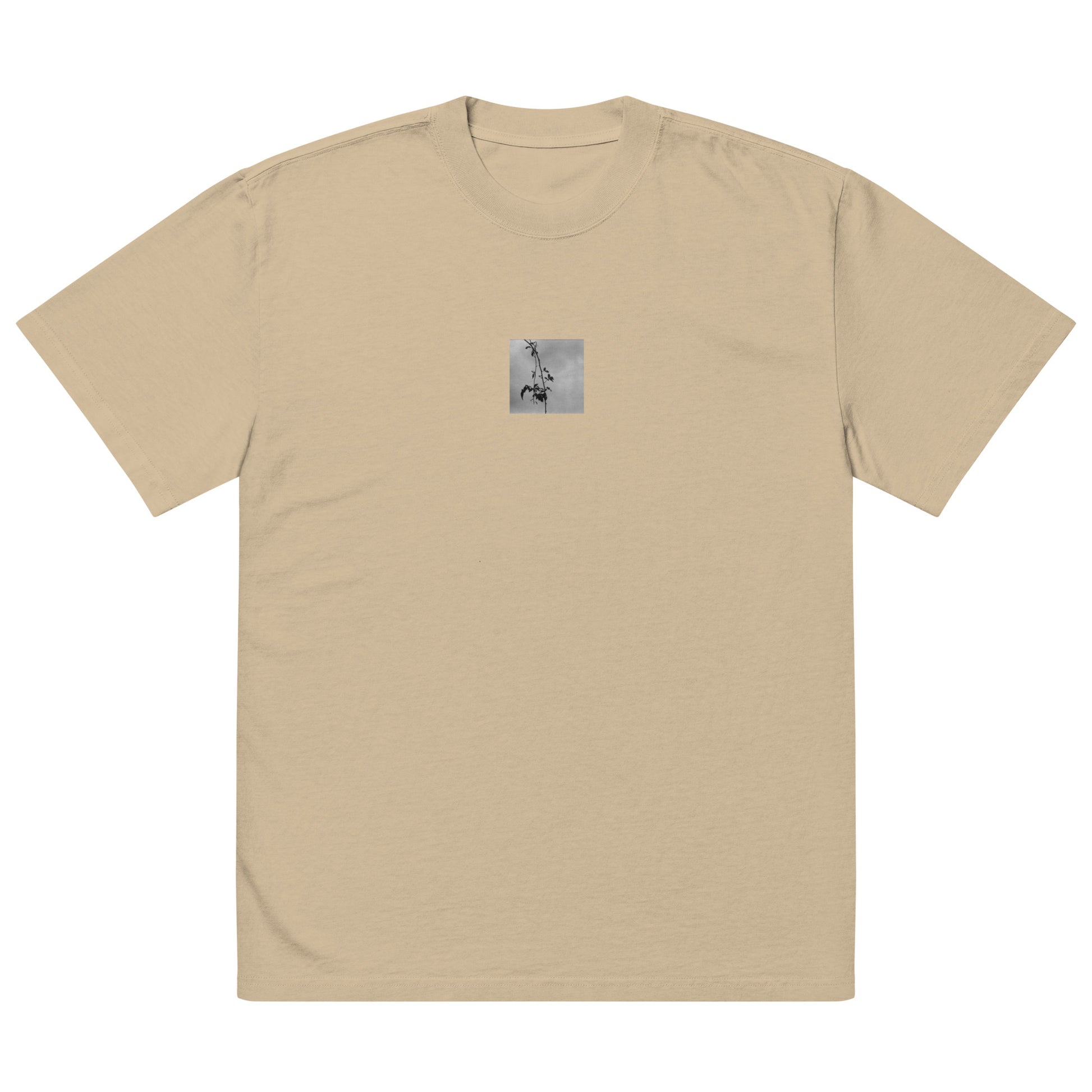 Minimalist streetwear style oversized faded T-shirt in khaki featuring the 'Tree Branches (B&W)' photo art on the front. / モードストリート系オーバーサイズ・フェードTシャツ（カーキ）フロントに「木の枝（モノクロ）」のフォトアートを配したデザイン。