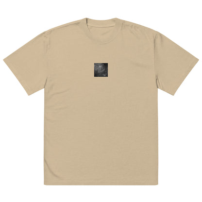 Minimalist streetwear style oversized faded T-shirt in khaki featuring the 'Rain (B&W)' photo art on the front. / モードストリート系オーバーサイズ・フェードTシャツ（カーキ）フロントに「雨（モノクロ）」のフォトアートを配したデザイン。