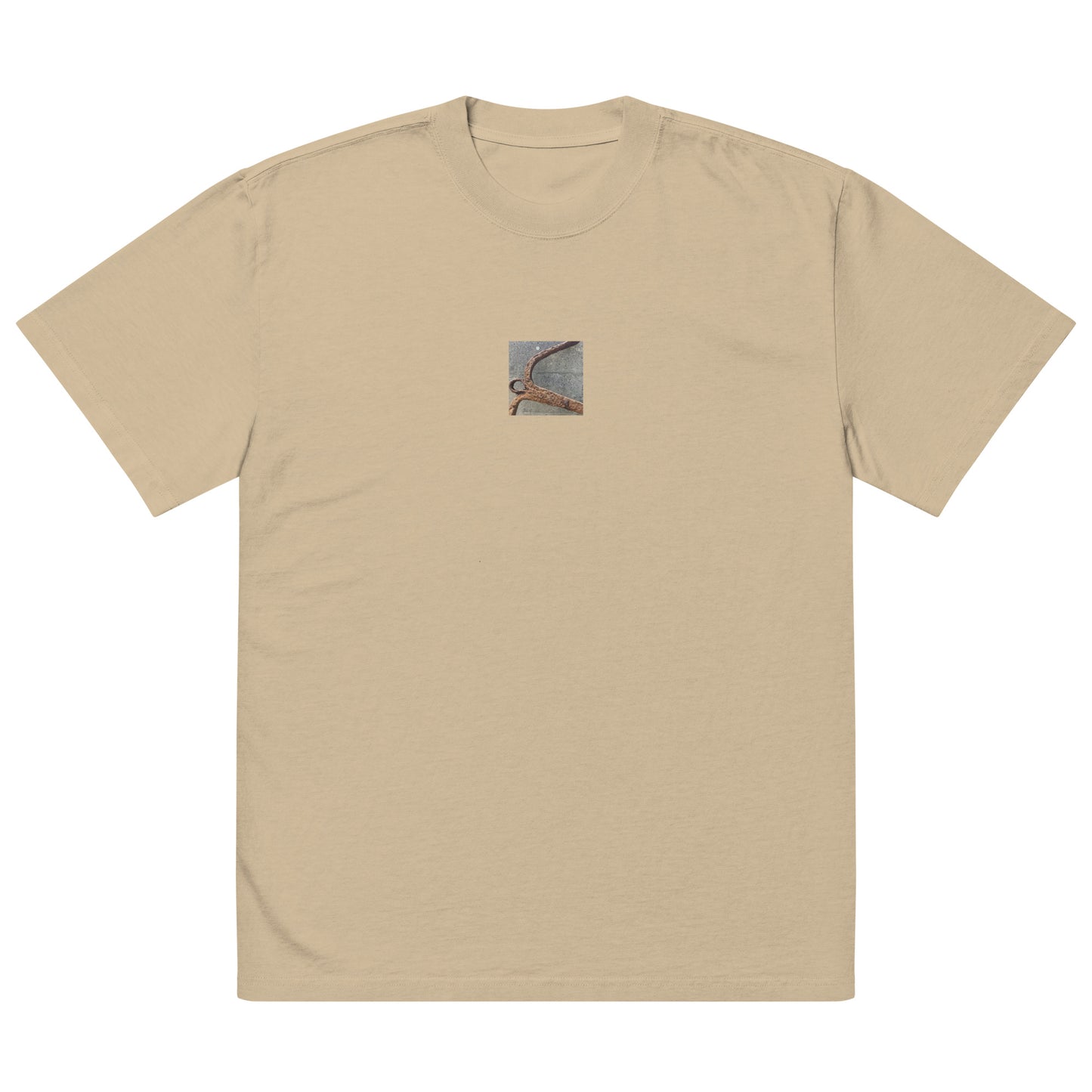 Minimalist streetwear style oversized faded T-shirt in khaki featuring the 'Anchor' photo art on the front. / モードストリート系オーバーサイズ・フェードTシャツ（カーキ）フロントに「アンカー（錨）」のフォトアートを配したデザイン。