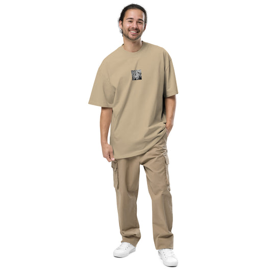Minimalist streetwear style oversized faded T-shirt in khaki featuring the 'Ginkgo Biloba (B&W)' photo art on the front. / モードストリート系オーバーサイズ・フェードTシャツ（カーキ）フロントに「イチョウ (モノクロ)」のフォトアートを配したデザイン。