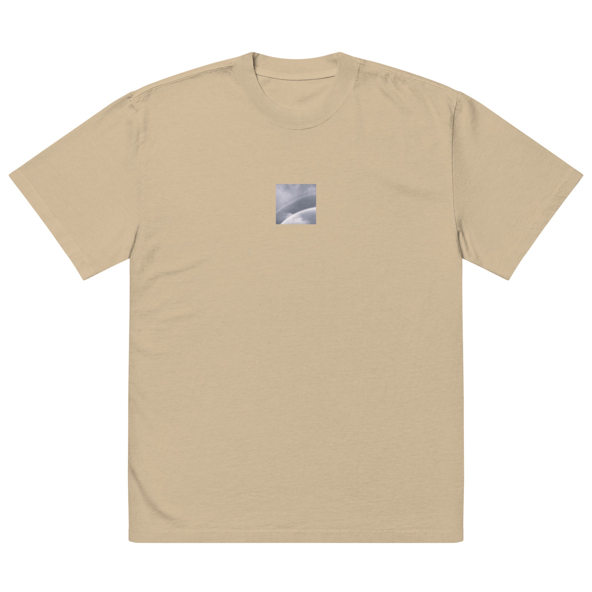 Minimalist streetwear style oversized faded T-shirt in khaki featuring the 'Double Rainbow (B&W)' photo art on the front. / モードストリート系オーバーサイズ・フェードTシャツ（カーキ）フロントに「ダブルレインボー (モノクロ)」のフォトアートを配したデザイン。