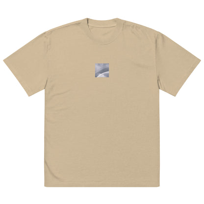 Minimalist streetwear style oversized faded T-shirt in khaki featuring the 'Double Rainbow (B&W)' photo art on the front. / モードストリート系オーバーサイズ・フェードTシャツ（カーキ）フロントに「ダブルレインボー (モノクロ)」のフォトアートを配したデザイン。