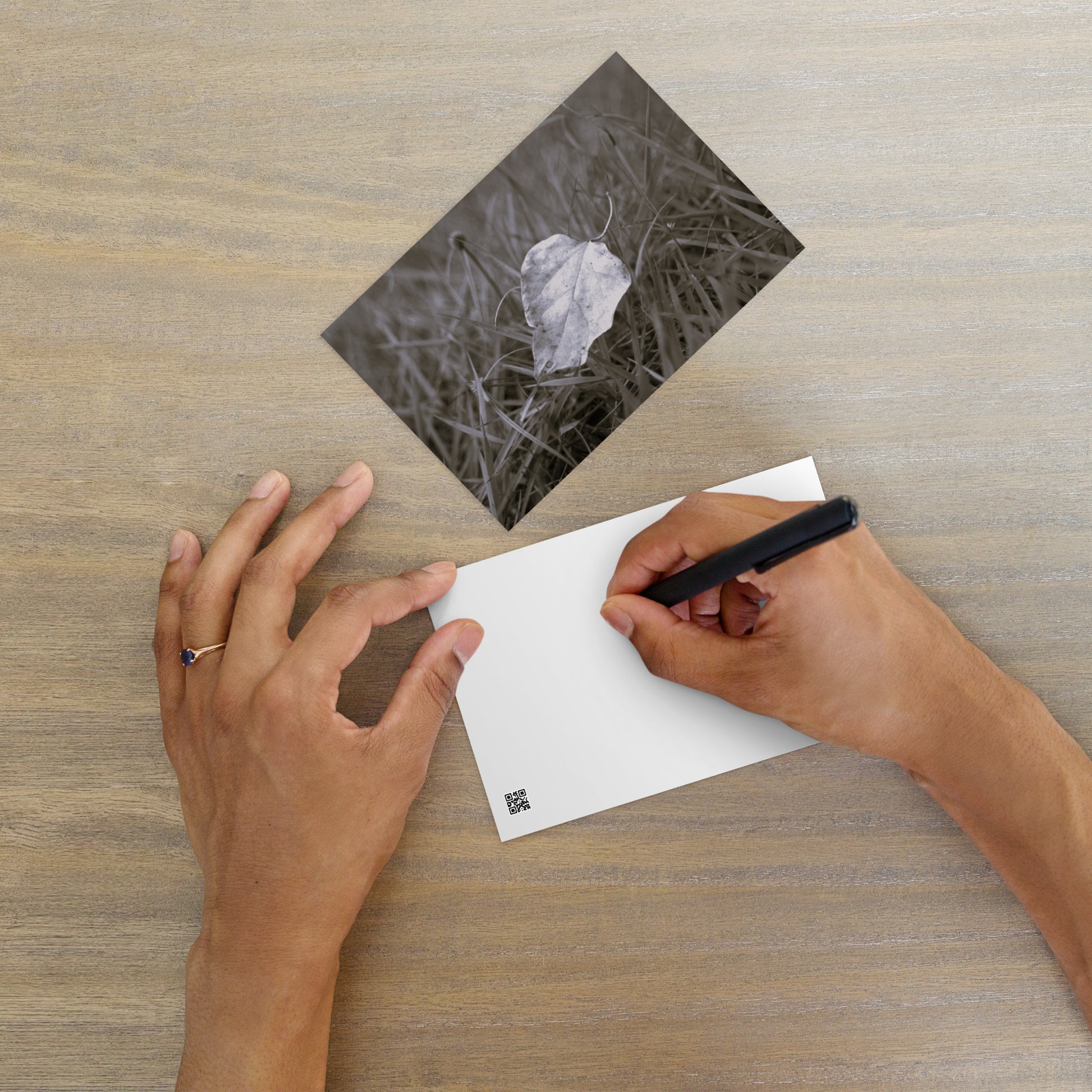 Yellow Fallen Leaf Botanical B&W Art – Premium Matte Postcard 4x6, Lifestyle View
