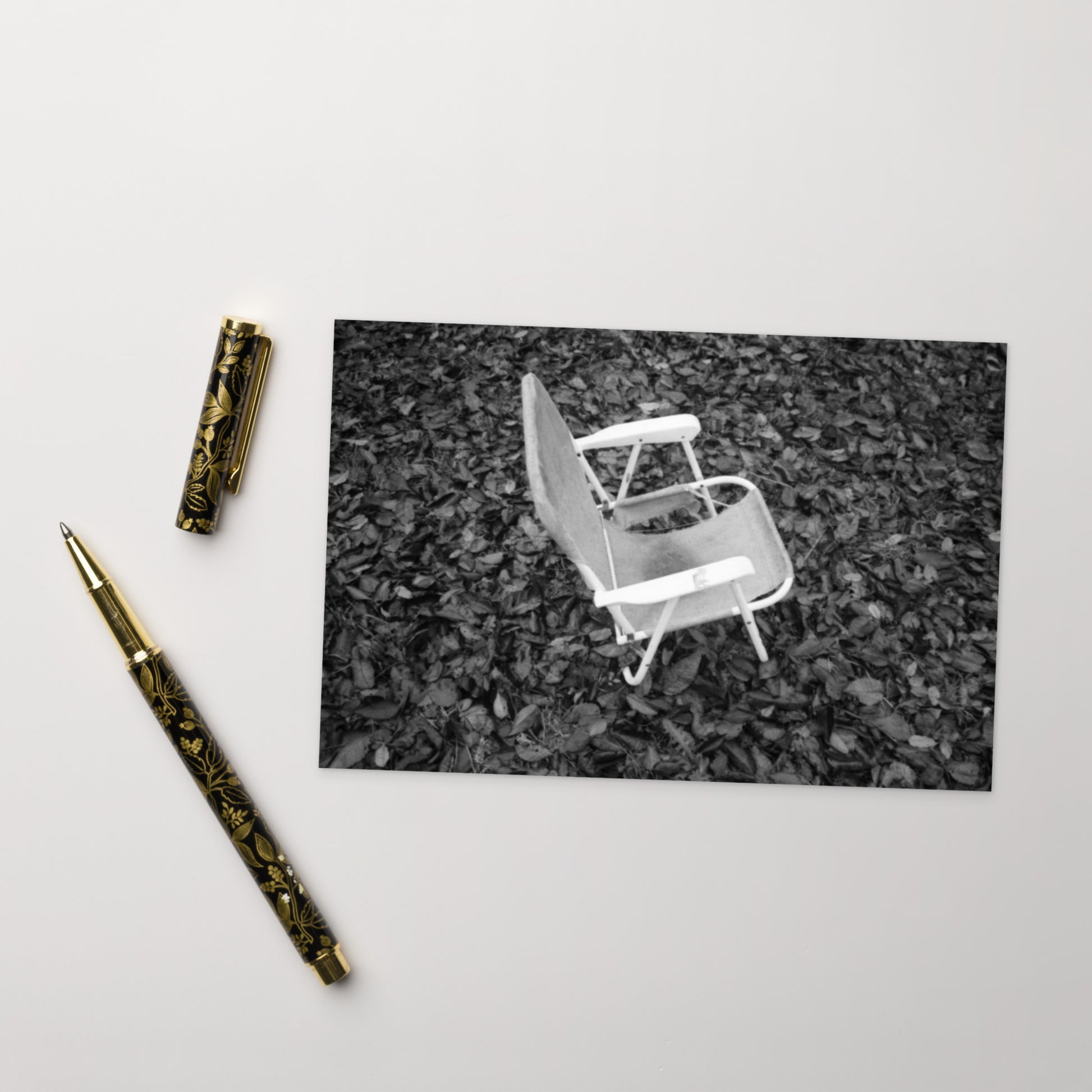 Fallen Leaves and Chair (B&W) Art – Premium Matte Postcard, Front View