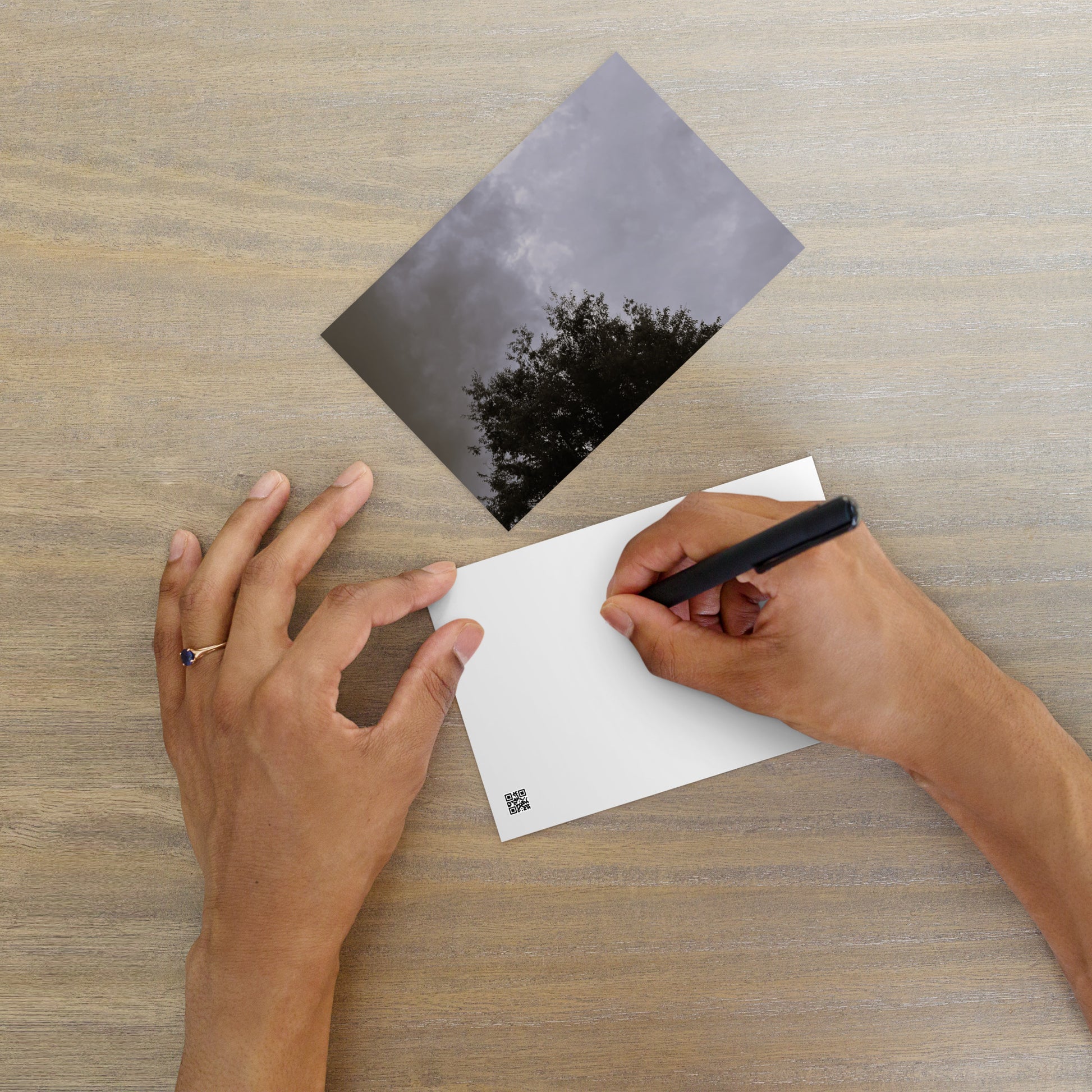 Minimalist mode style postcard featuring a 'Clouds & Tree' black and white photo print / モードストリート系デザインのポストカード、「Clouds & Tree（雲と木）」のモノクロ写真プリント（ポストカード）
