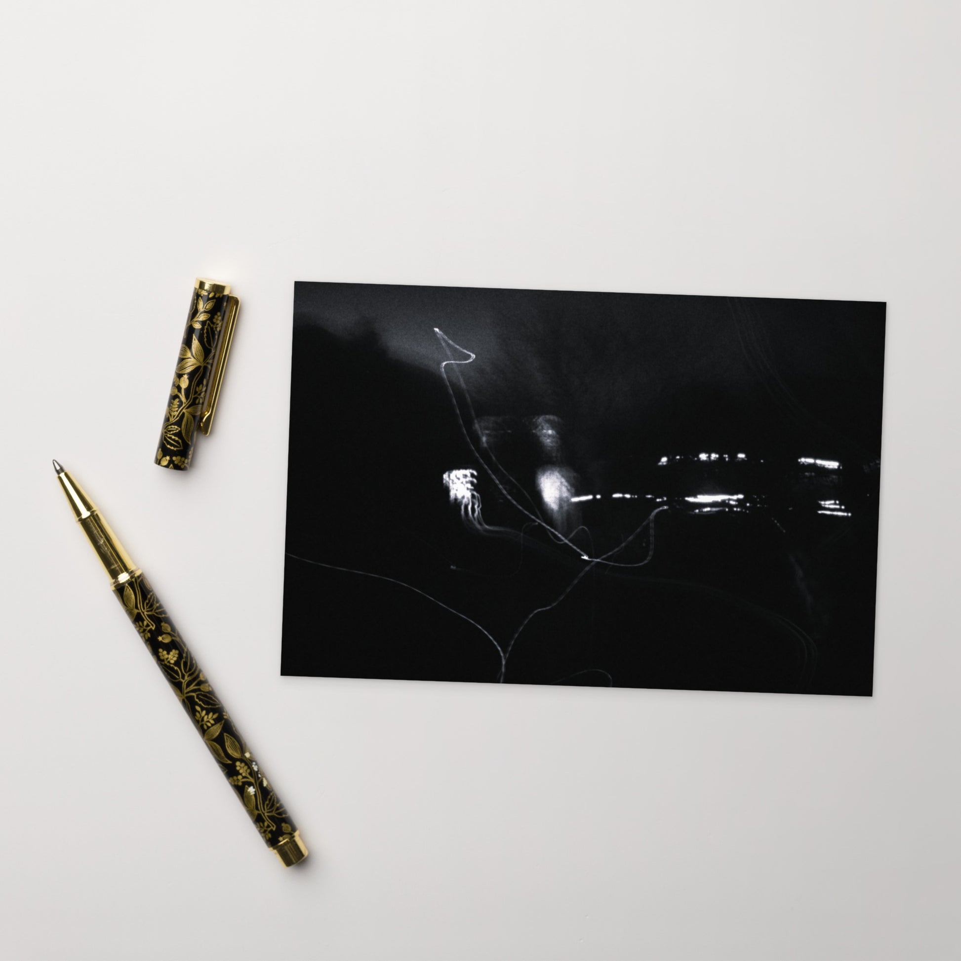 Minimalist streetwear style postcard featuring an artistic 'Night Light (B&W)' photograph. Printed on thick, durable matte cardstock. / Night Light (B&W) ポストカード：夜の光の幻想的な風景をモノクロで捉えたアート写真。モードストリート系ミニマリストのための洗練されたデザイン。