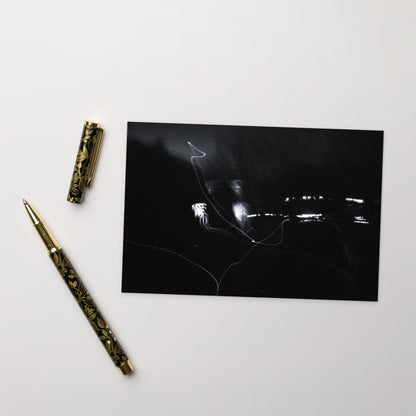 Minimalist streetwear style postcard featuring an artistic 'Night Light (B&W)' photograph. Printed on thick, durable matte cardstock. / Night Light (B&W) ポストカード：夜の光の幻想的な風景をモノクロで捉えたアート写真。モードストリート系ミニマリストのための洗練されたデザイン。