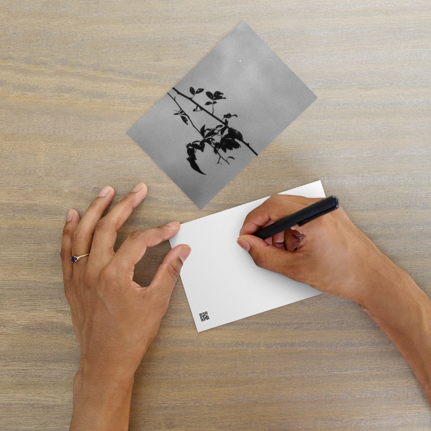 Minimalist streetwear style postcard featuring the 'Eucalyptus Tree (B&W)' photo art. / モードストリート系ポストカード：「ユーカリの木（モノクロ）」のフォトアートを配したデザイン。