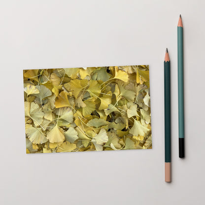 Minimalist art postcard featuring the 'Ginkgo Fallen Leaves' photo art. / ポストカード：「イチョウの落ち葉」のフォトアートを配したミニマリストデザイン。