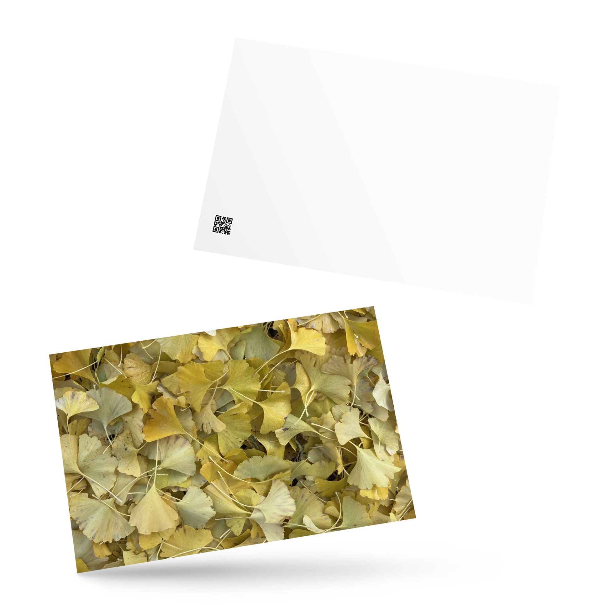Minimalist art postcard featuring the 'Ginkgo Fallen Leaves' photo art. / ポストカード：「イチョウの落ち葉」のフォトアートを配したミニマリストデザイン。