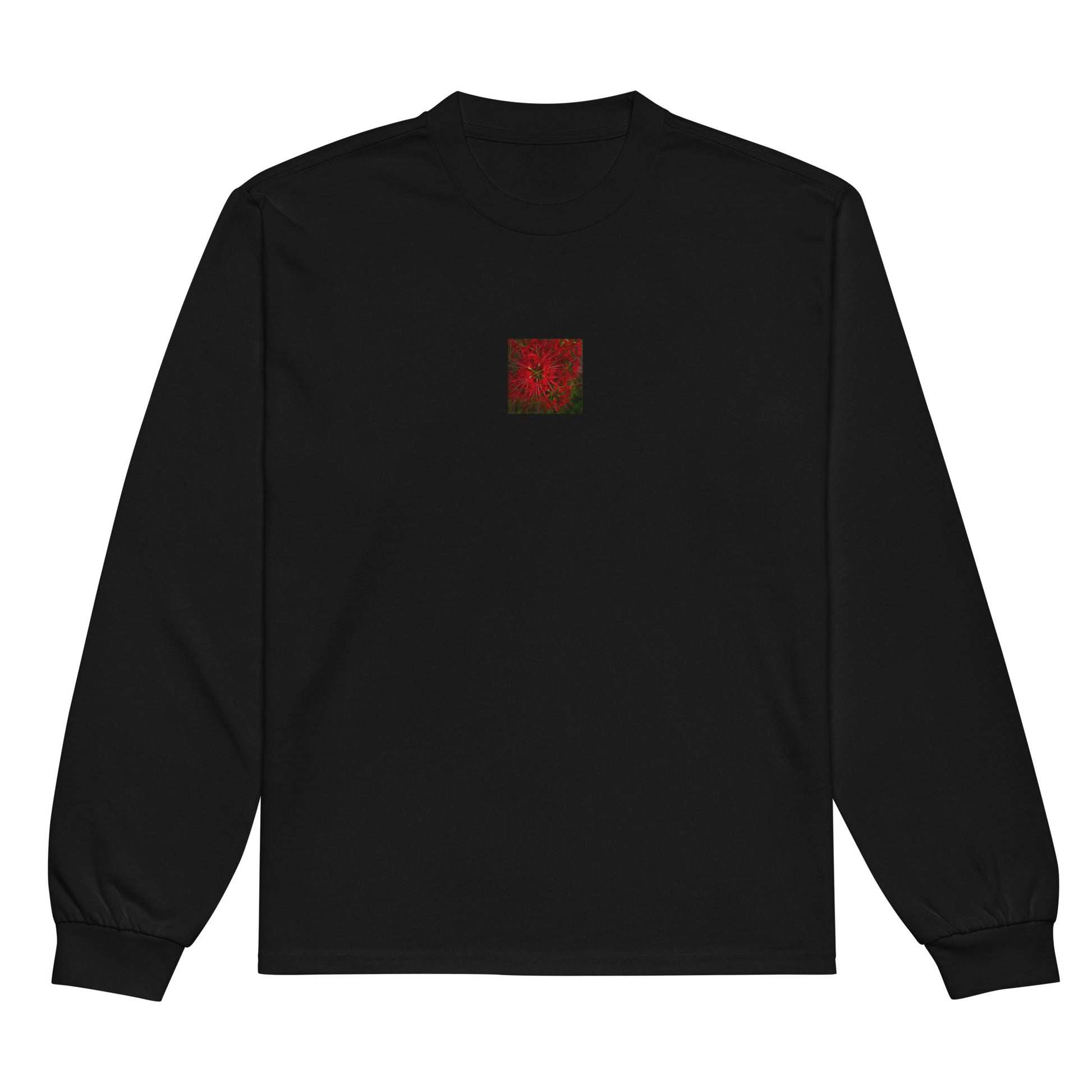 Red Spider Lily Botanical Art – Premium Heavyweight Long Sleeve Shirt, Black, Front View