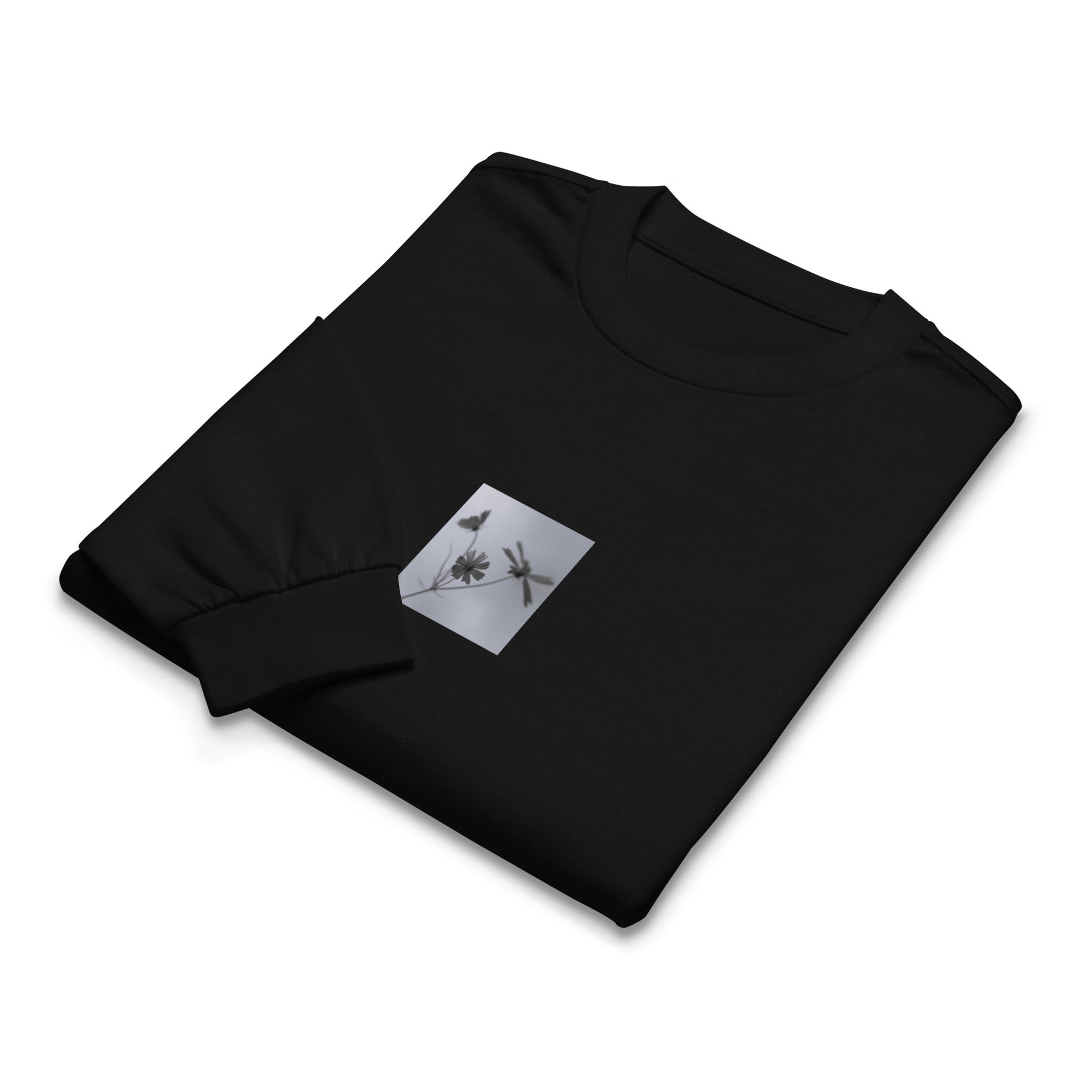 Three Cosmos Flowers Botanical B&W Art – Unisex Premium Heavyweight Long Sleeve Shirt, Black, Front View
