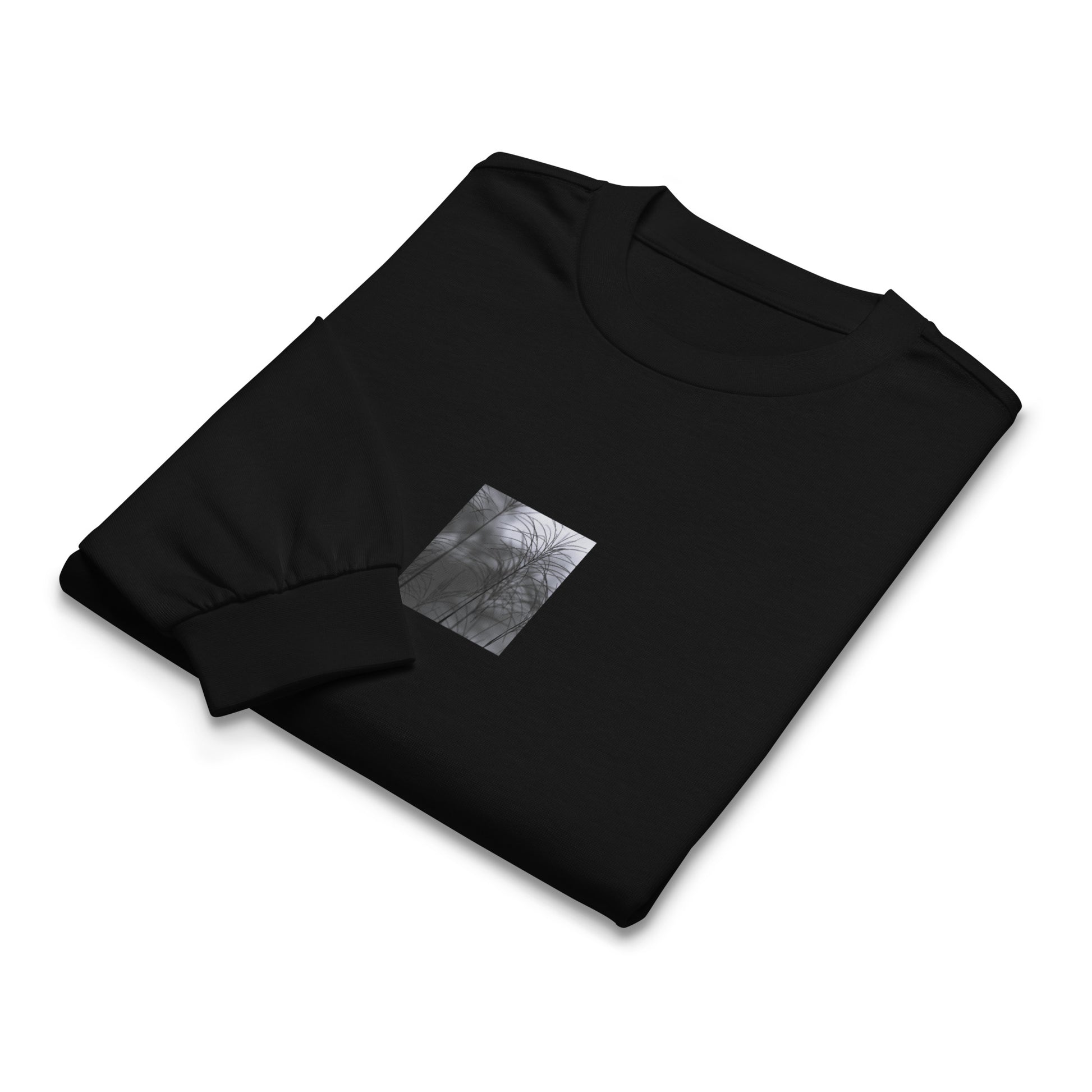 Silver Grass Cluster Botanical B&W Art – Unisex Premium Heavyweight Long Sleeve Shirt, Black, Front View