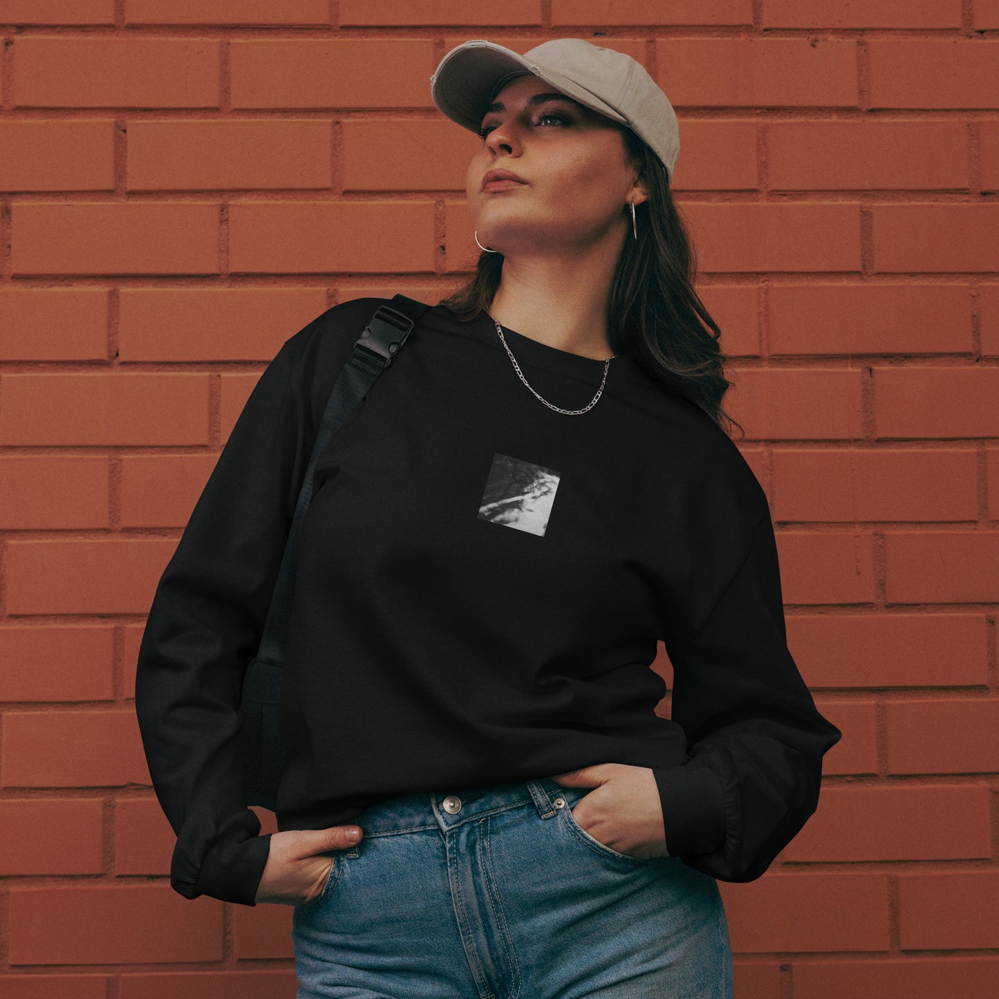 River Surface Botanical B&W Art – Unisex Premium Heavyweight Long Sleeve Shirt, Black, Front View