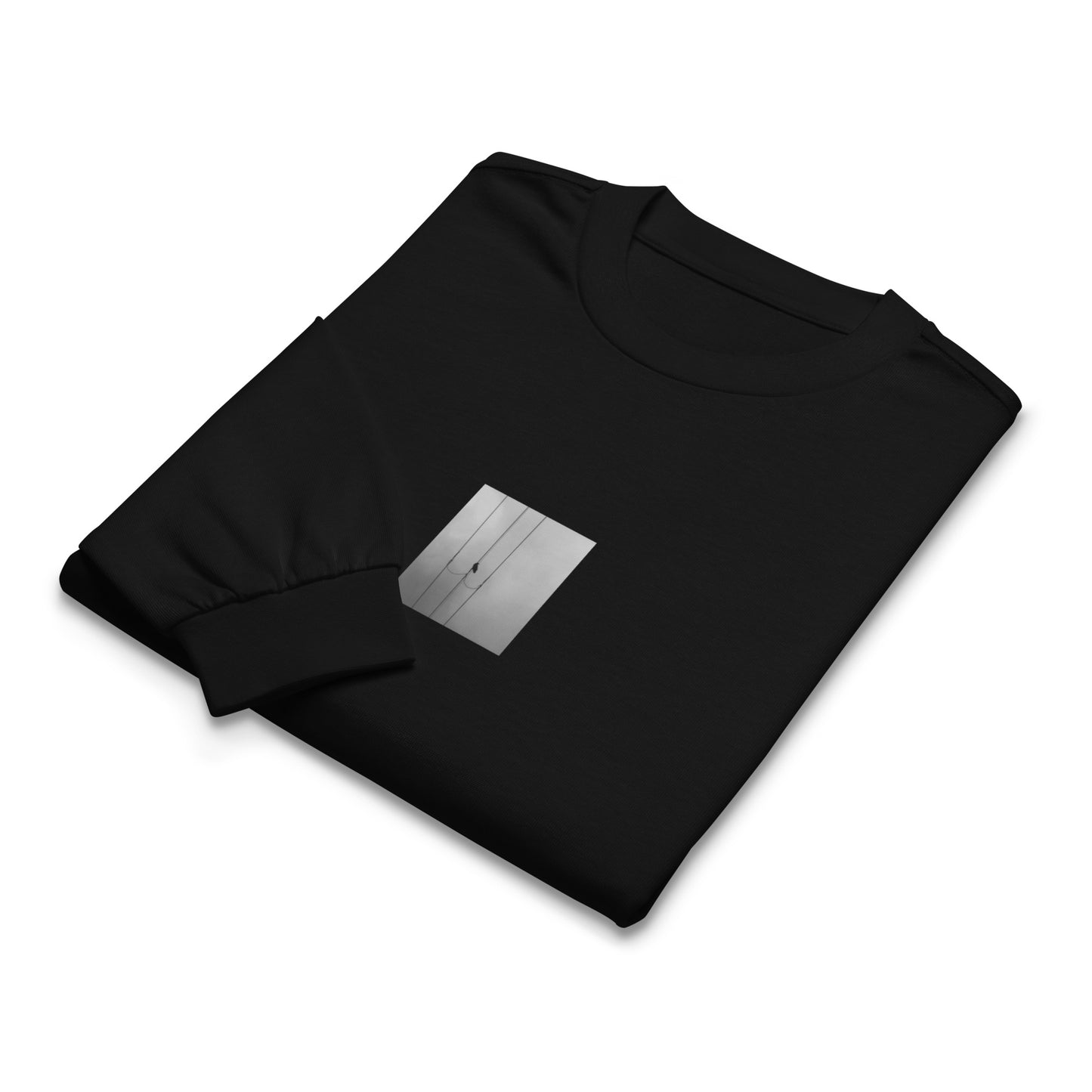 Crow and Power Lines B&W Art – Unisex Premium Heavyweight Long Sleeve Shirt, Black, Front View
