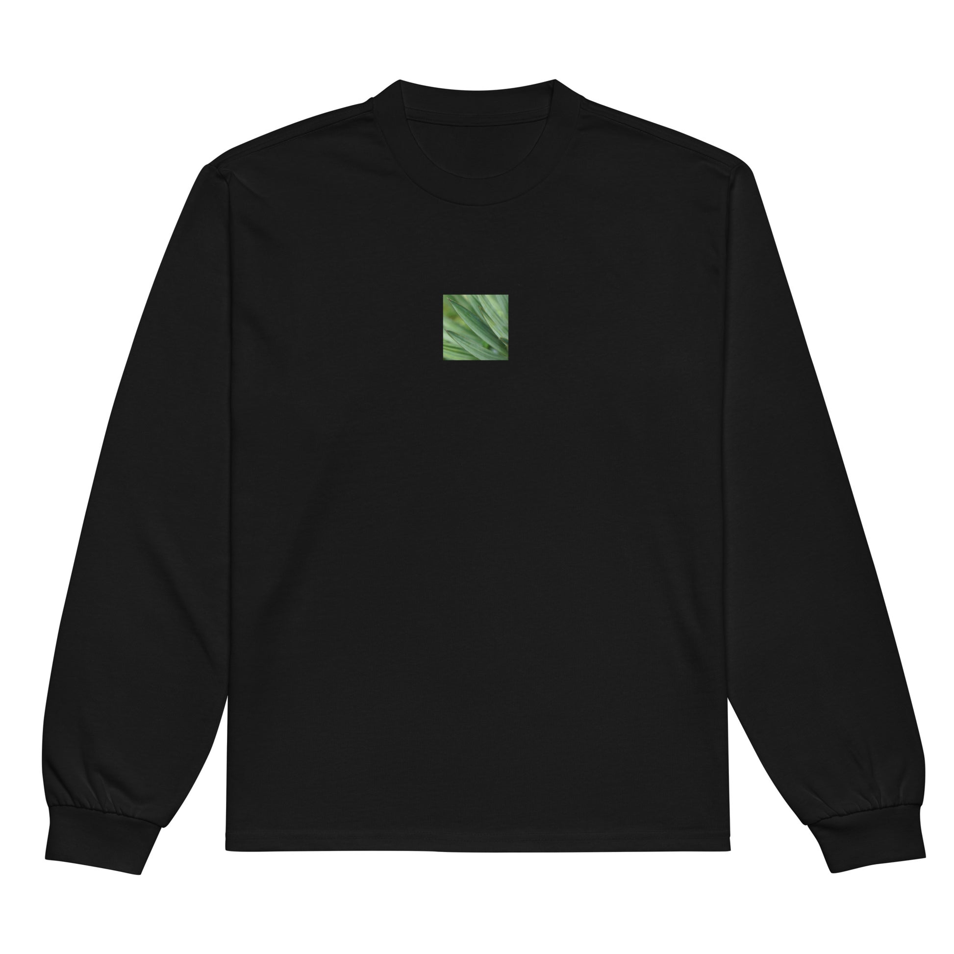Minimalist streetwear style unisex premium heavyweight long sleeve shirt in black, featuring a vibrant Yucca plant color photograph on the chest. A modern, monochromatic staple. / モードストリート系ユニセックス・ブラック・ヘビーウェイト長袖Tシャツ。フロントにユッカ植物のカラー写真プリント。洗練されたミニマリスト・ストリートウェア。