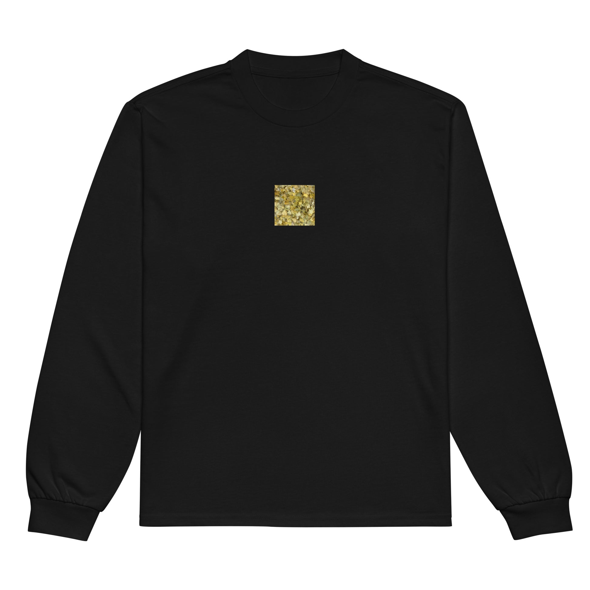 Minimalist streetwear style premium heavyweight long sleeve shirt in black featuring the 'Ginkgo Fallen Leaves' photo art on the front. / モードストリート系プレミアム・ヘビーウェイト長袖Tシャツ（ブラック）フロントに「イチョウの落ち葉」のフォトアートを配したデザイン。