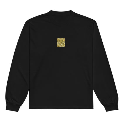Minimalist streetwear style premium heavyweight long sleeve shirt in black featuring the 'Ginkgo Fallen Leaves' photo art on the front. / モードストリート系プレミアム・ヘビーウェイト長袖Tシャツ（ブラック）フロントに「イチョウの落ち葉」のフォトアートを配したデザイン。