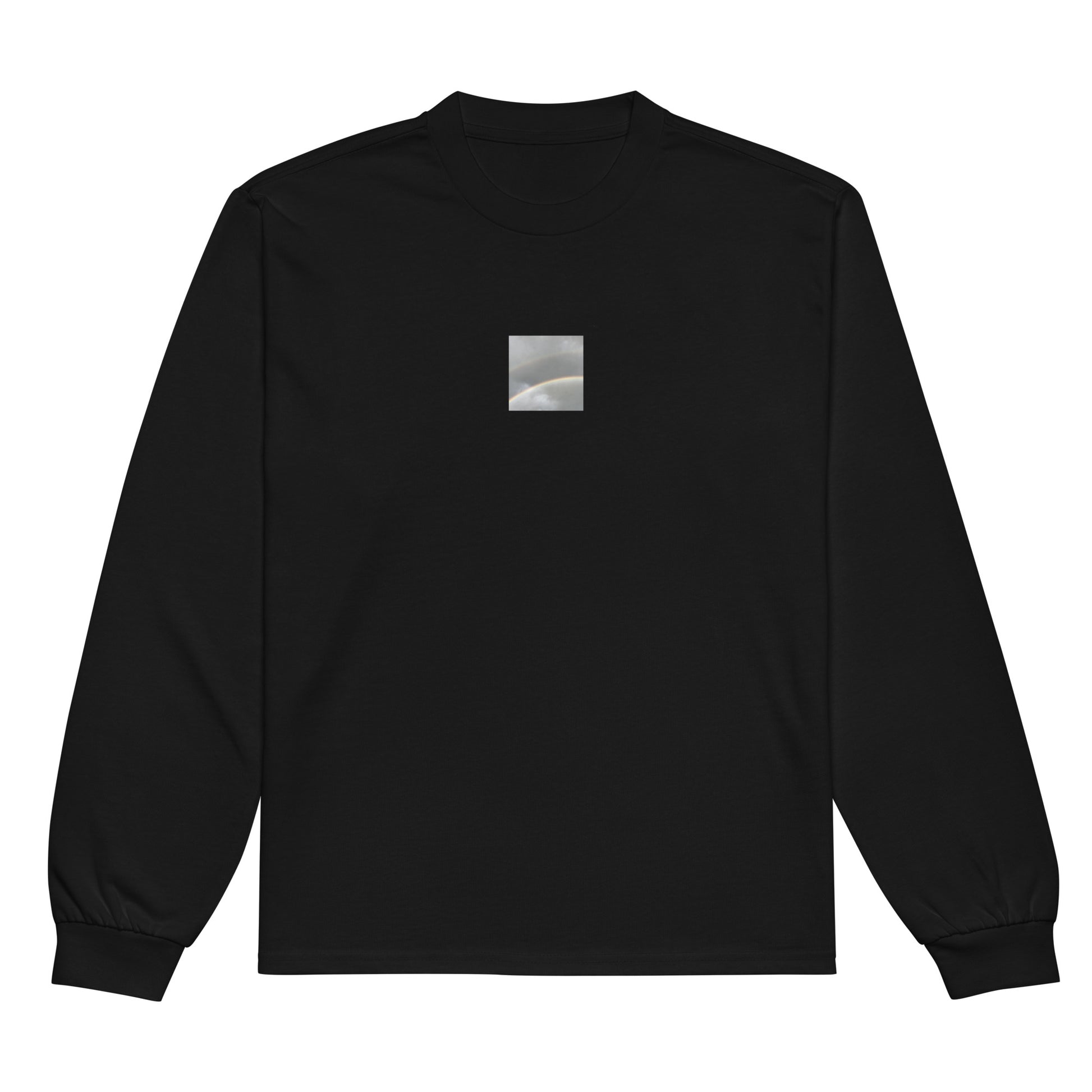 Minimalist streetwear style premium heavyweight long sleeve shirt in black featuring the 'Double Rainbow' photo art on the front. / モードストリート系プレミアム・ヘビーウェイト長袖Tシャツ（ブラック）フロントに「ダブルレインボー」のフォトアートを配したデザイン。