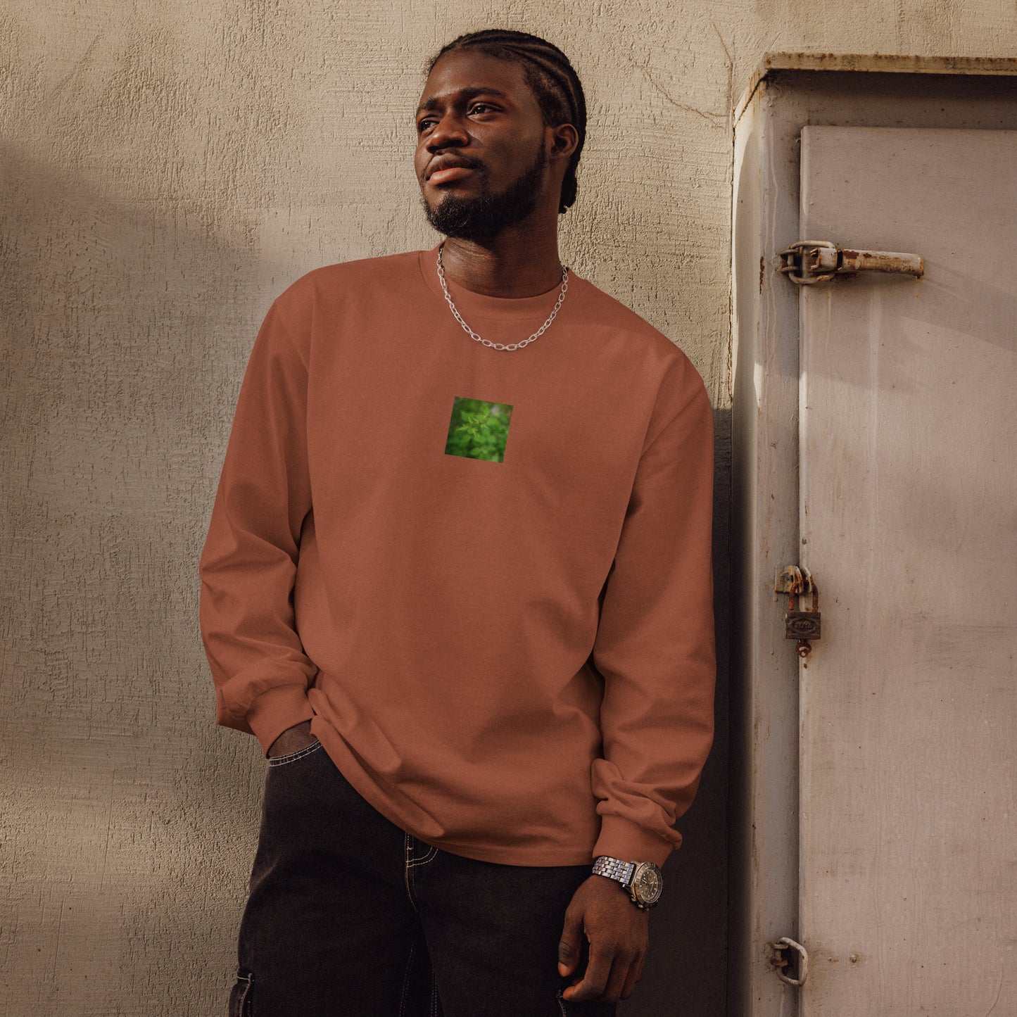 Botanical Plant Art – Premium Heavyweight Long Sleeve Shirt, Clay, Front View
