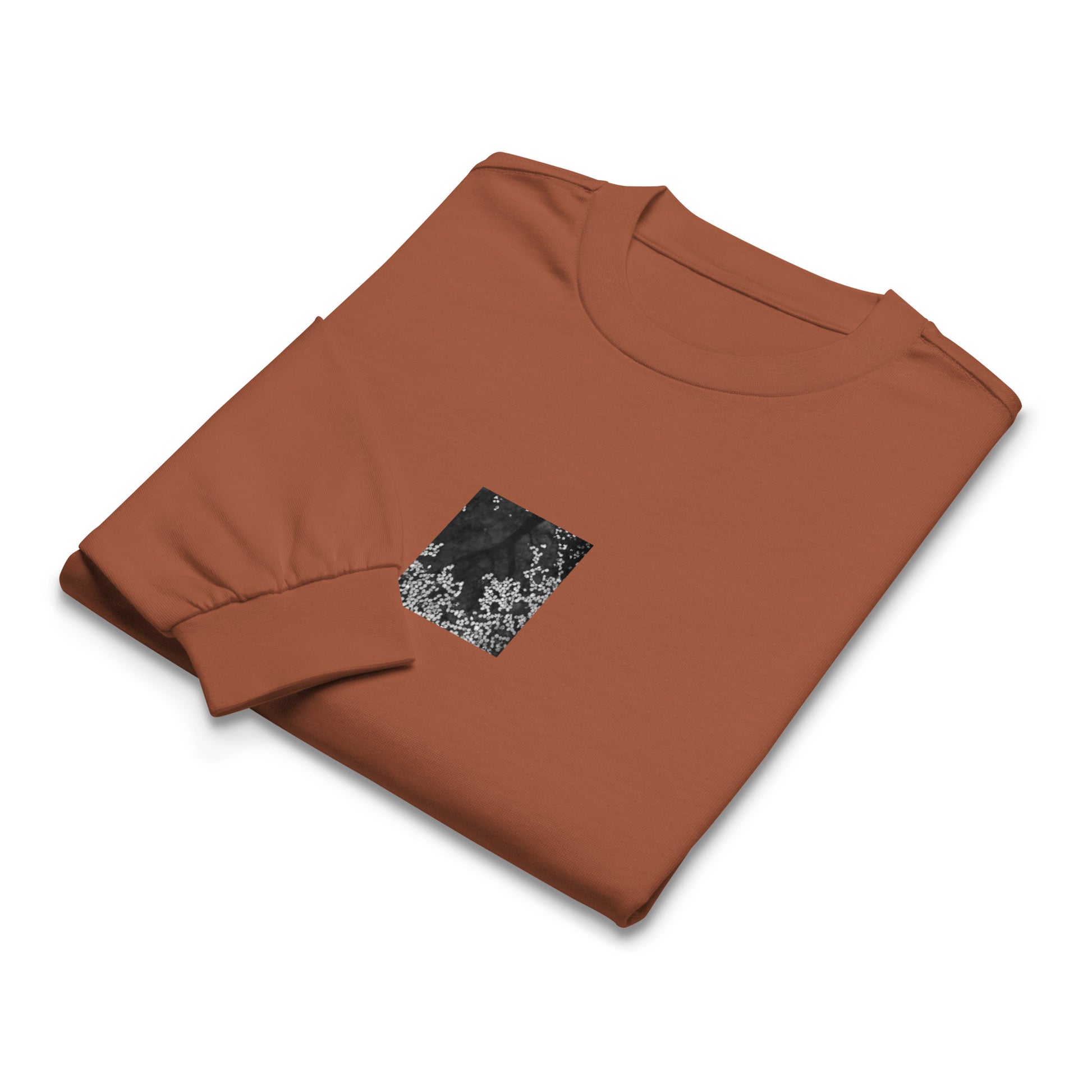 Cherry Blossom Petals on Water Surface (B&W) - Premium Heavyweight Long Sleeve Shirt, Clay, Front View