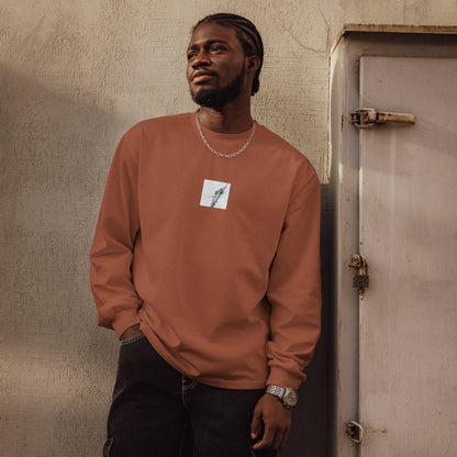 Minimalist mode style unisex premium heavyweight clay long sleeve shirt with a 'Vines Entangled on a Utility Pole' photo print / モードストリート系ユニセックス・プレミアムヘビーウェイト長袖Tシャツ（クレイ）、フロントに「電柱に絡まるツル」の写真プリント（長袖Tシャツ）