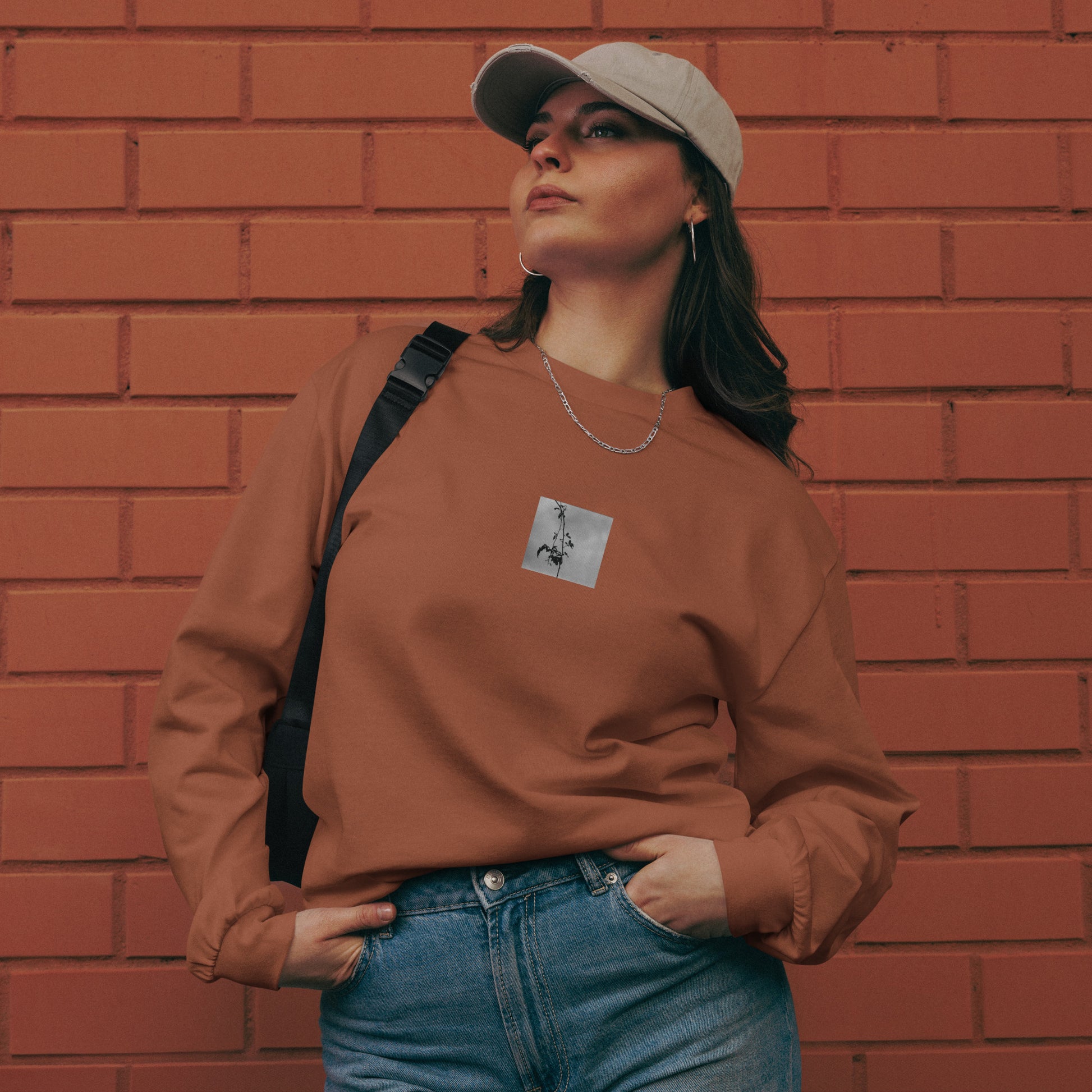 Minimalist streetwear style premium heavyweight long sleeve shirt in clay featuring the 'Tree Branches (B&W)' photo art on the front. / モードストリート系プレミアム・ヘビーウェイト長袖Tシャツ（クレイ）フロントに「木の枝（モノクロ）」のフォトアートを配したデザイン。