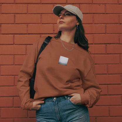 Minimalist streetwear style premium heavyweight long sleeve shirt in clay featuring the 'Ocean Horizon (B&W)' photo art on the front. / モードストリート系プレミアム・ヘビーウェイト長袖Tシャツ（クレイ）フロントに「オーシャンホライズン (モノクロ)」のフォトアートを配したデザイン。