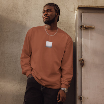 Minimalist streetwear style premium heavyweight long sleeve shirt in clay featuring the 'Ocean Horizon (B&W)' photo art on the front. / モードストリート系プレミアム・ヘビーウェイト長袖Tシャツ（クレイ）フロントに「オーシャンホライズン (モノクロ)」のフォトアートを配したデザイン。