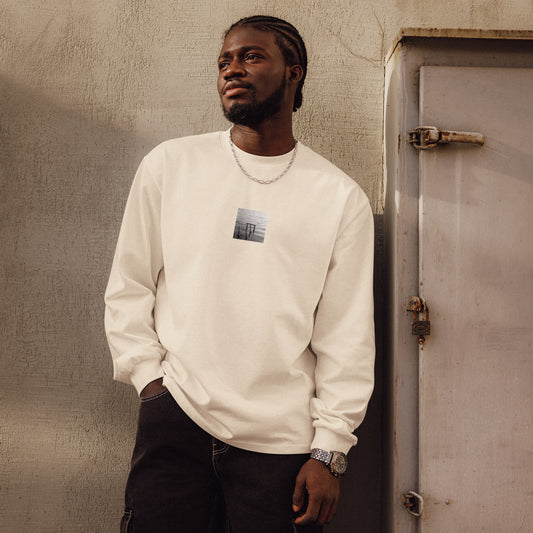 Decayed Pier (B&W) - Premium Heavyweight Long Sleeve Shirt, Ecru, Front View