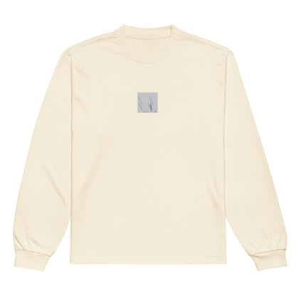 Minimalist mode style unisex premium ecru heavyweight long sleeve shirt with a 'Foxtail Grass' black and white botanical art print on the front / モードストリート系ユニセックス・プレミアム長袖シャツ（エクリュ）、フロントに「フォックステールグラス」のモノクロボタニカルアートプリント