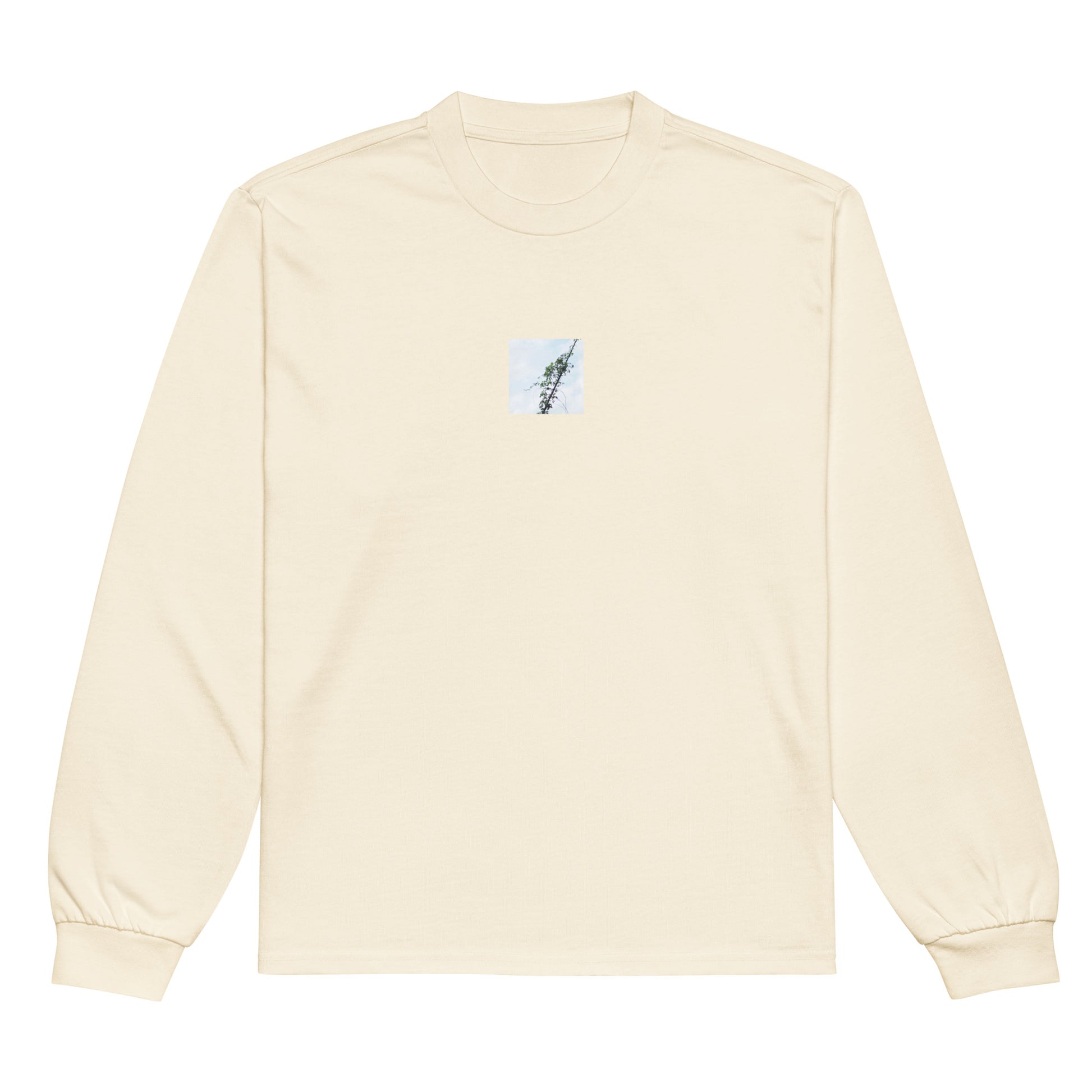 Minimalist mode style unisex premium heavyweight ecru long sleeve shirt with a 'Vines Entangled on a Utility Pole' photo print / モードストリート系ユニセックス・プレミアムヘビーウェイト長袖Tシャツ（エクリュ）、フロントに「電柱に絡まるツル」の写真プリント（長袖Tシャツ）