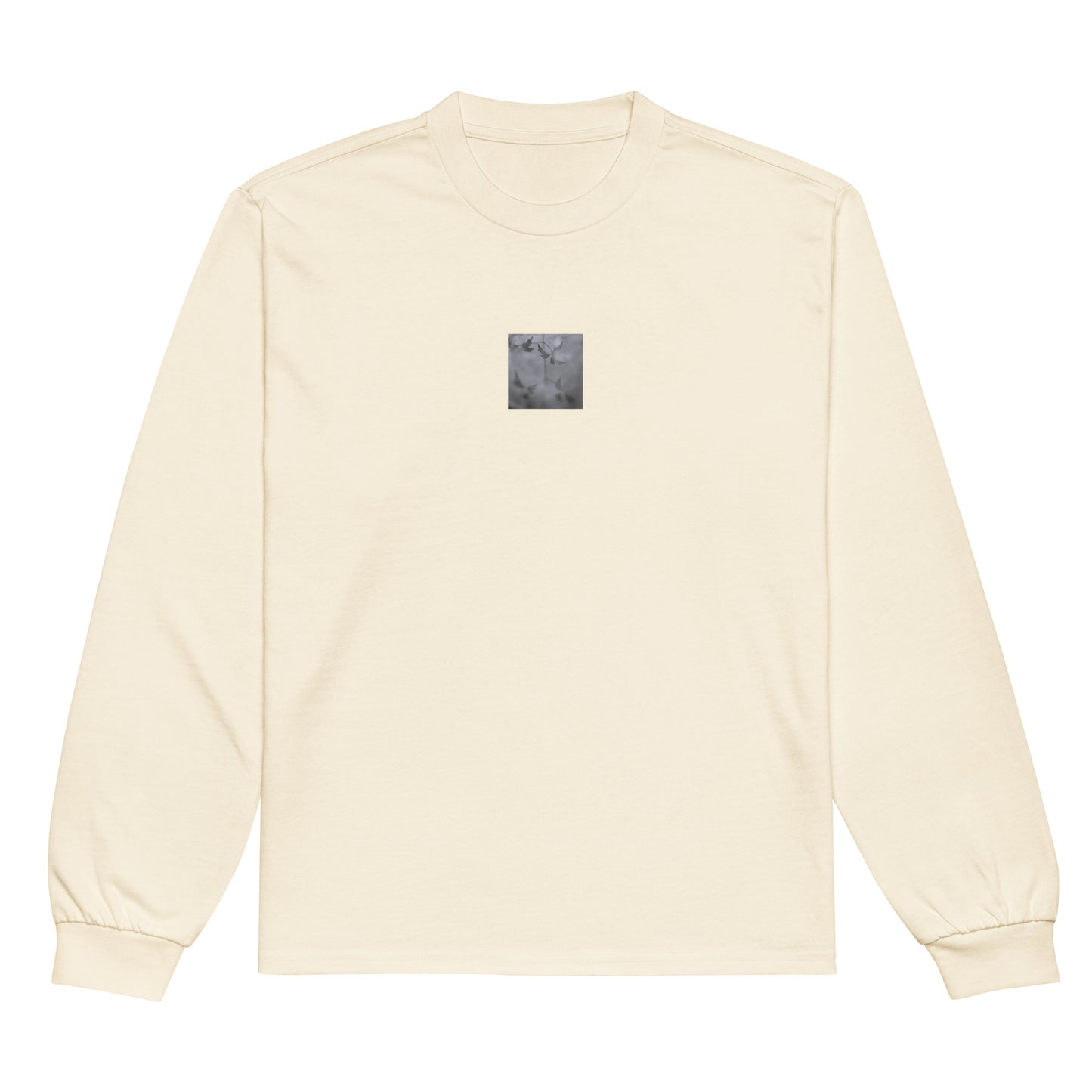 Minimalist mode style unisex premium heavyweight ecru long sleeve shirt with a 'Water Surface & Leaves' black and white photo print / モードストリート系ユニセックス・プレミアムヘビーウェイト長袖Tシャツ（エクリュ）、フロントに「水面と葉」のモノクロ写真プリント（長袖Tシャツ）