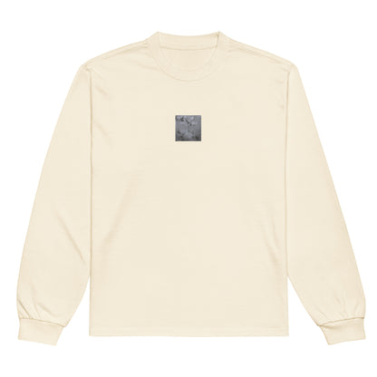 Minimalist mode style unisex premium heavyweight ecru long sleeve shirt with a 'Water Surface & Leaves' black and white photo print / モードストリート系ユニセックス・プレミアムヘビーウェイト長袖Tシャツ（エクリュ）、フロントに「水面と葉」のモノクロ写真プリント（長袖Tシャツ）