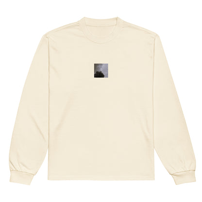 Minimalist mode style unisex premium heavyweight ecru long sleeve shirt with a 'Clouds & Tree' black and white photo print / モードストリート系ユニセックス・プレミアム・ヘビーウェイト長袖Tシャツ（エクリュ）、フロントに「Clouds & Tree（雲と木）」のモノクロ写真プリント（長袖Tシャツ）