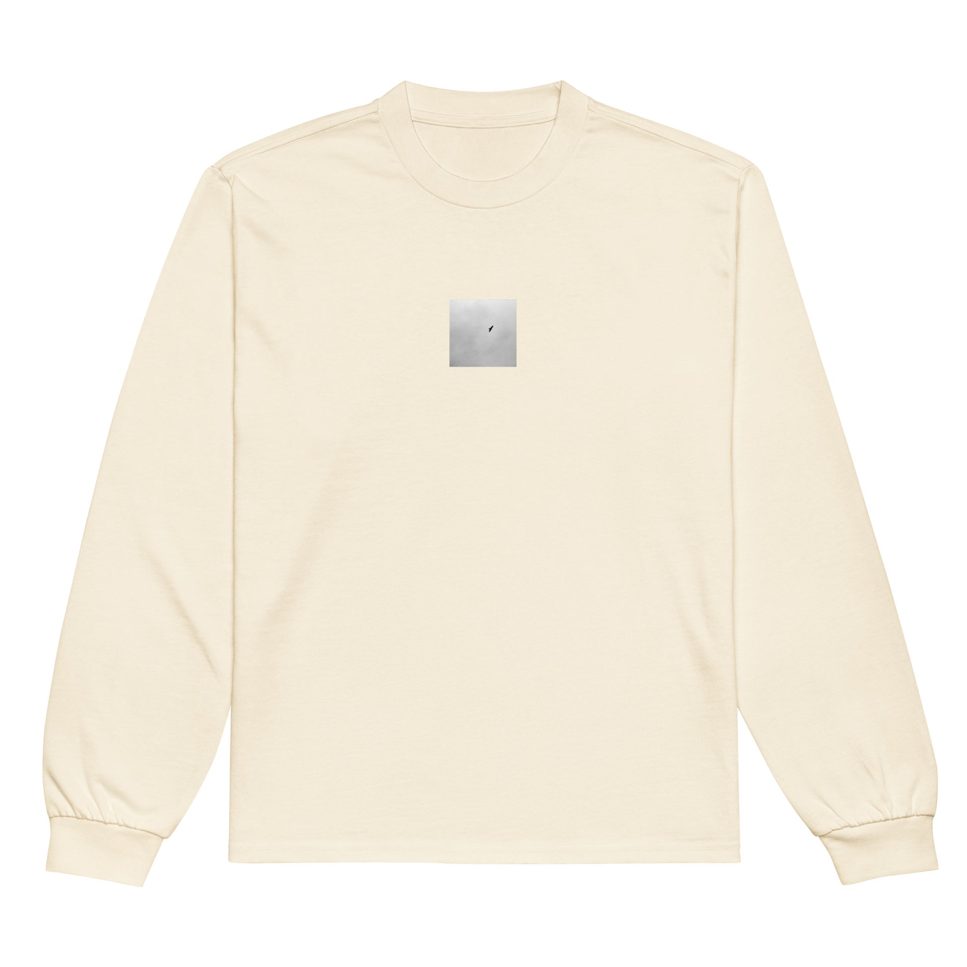 Minimalist streetwear style unisex premium heavyweight long sleeve shirt in ecru, featuring a 'Bird and Sky (B&W)' photograph print. / Bird and Sky (B&W) プレミアム・ヘビーウェイト長袖Tシャツ（エクリュ）：洗練された色合いに鳥と空のモノクロ風景が映える、都会的でミニマルなモードストリート系長袖Tシャツ。