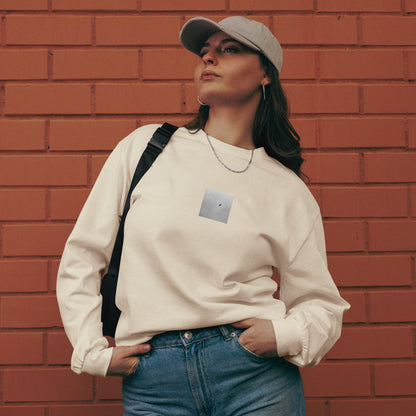 Minimalist streetwear style unisex premium heavyweight long sleeve shirt in ecru, featuring a 'Bird and Sky (B&W)' photograph print. / Bird and Sky (B&W) プレミアム・ヘビーウェイト長袖Tシャツ（エクリュ）：洗練された色合いに鳥と空のモノクロ風景が映える、都会的でミニマルなモードストリート系長袖Tシャツ。