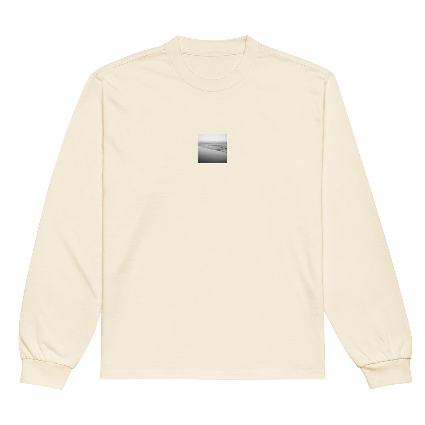 Minimalist streetwear style unisex premium long sleeve shirt in ecru with 'Ocean Beach (B&W)' photo art print. / フロントに「オーシャン・ビーチ（モノクロ）」のフォトアートプリントを配した、モードストリート系プレミアム長袖Tシャツ（エクリュ）。