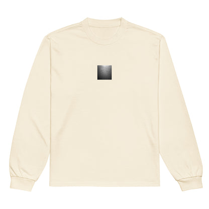 Minimalist streetwear style unisex premium long sleeve shirt in ecru with 'Beach Footprints (B&W)' photo art. / フロントに「砂浜の足跡（モノクロ）」のフォトアートを配した、モードストリート系プレミアム長袖Tシャツ（エクリュ）。